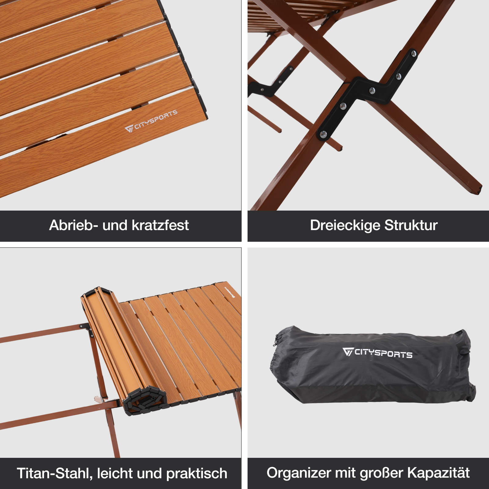 Une table pliable avec surface imitation bois et cadre en métal.