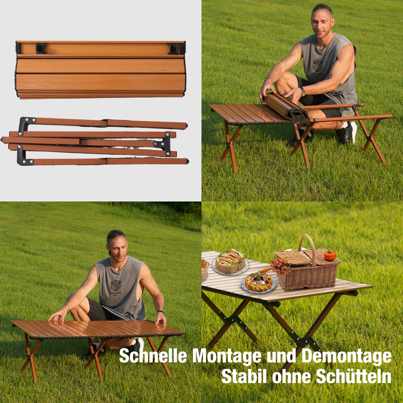 Un homme monte une table en bois; panier de pique-nique et nourriture à proximité.