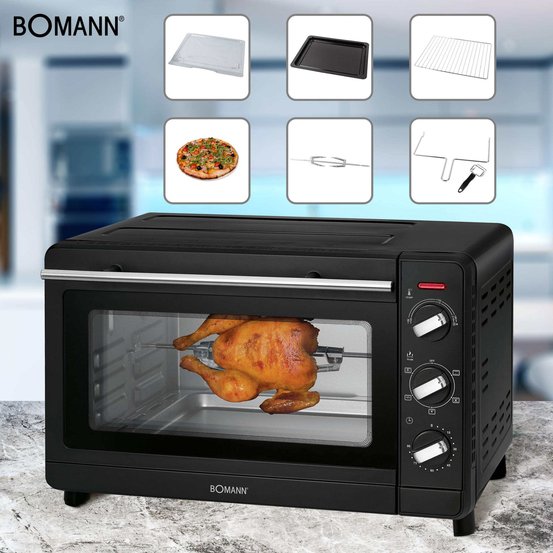 Forno nero Bomann da banco con girarrosto e pollo arrosto all'interno.