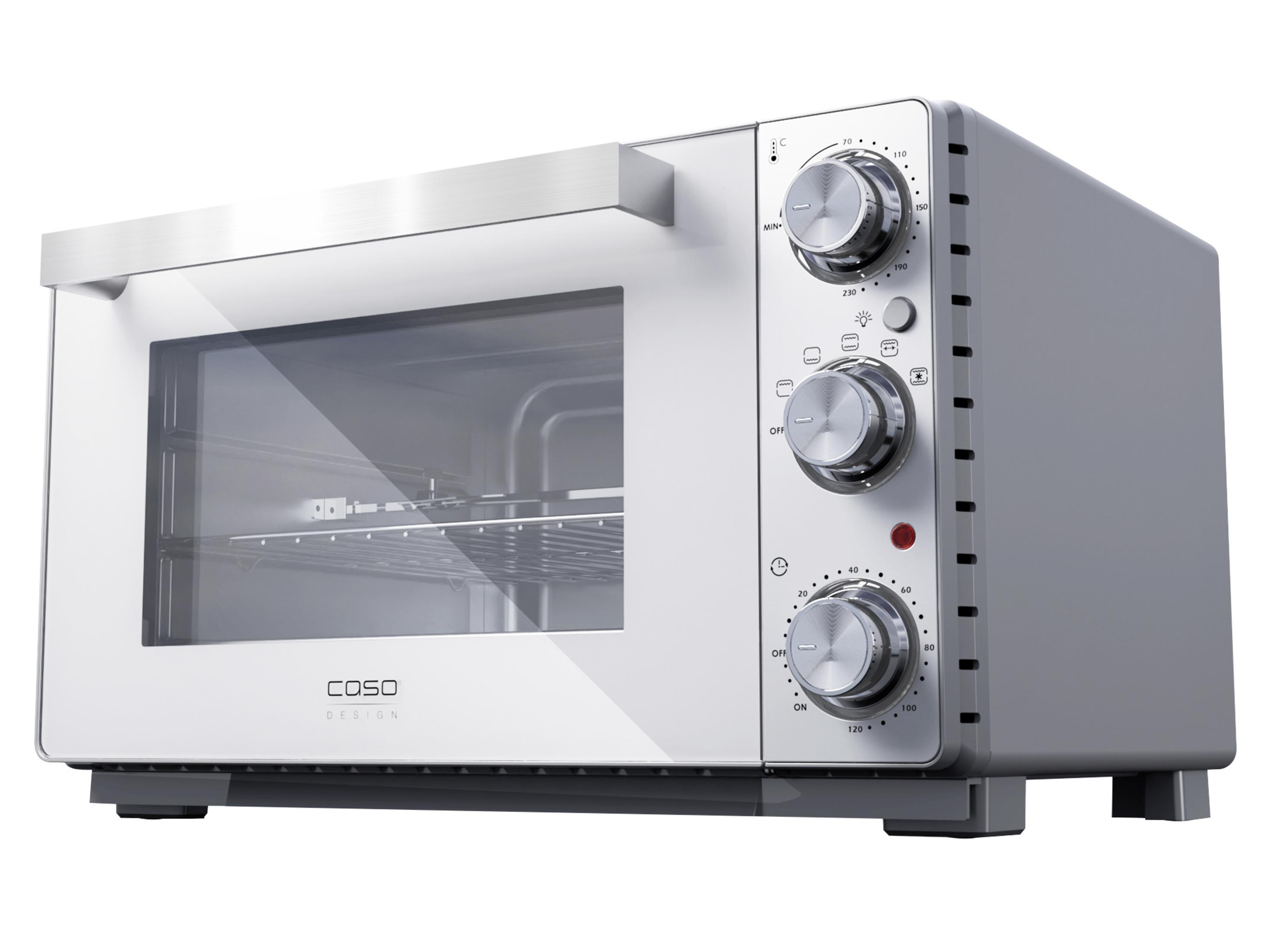 Un mini forno argentato con porta in vetro e controlli sul lato destro.