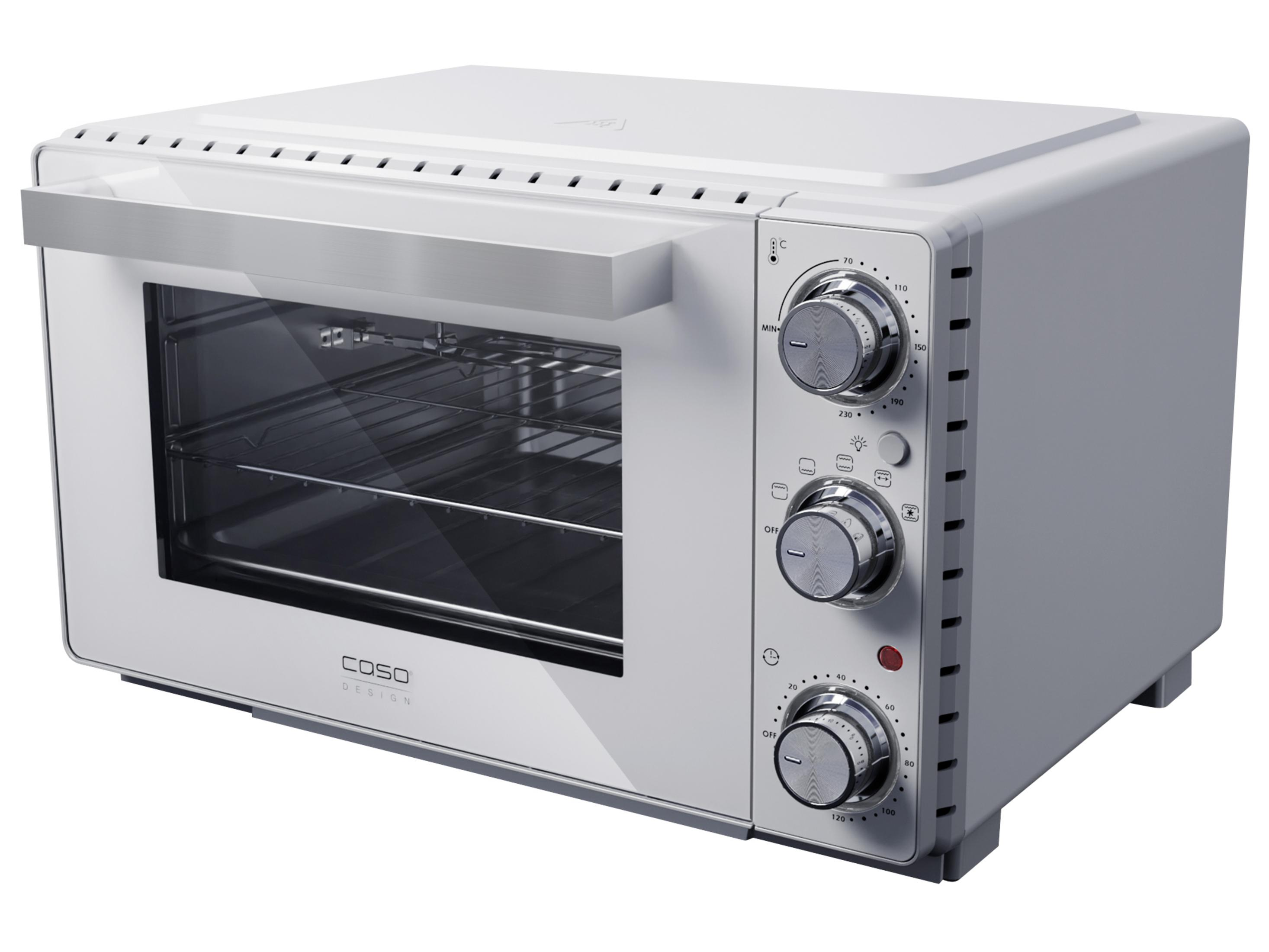 Un forno da appoggio bianco con maniglia e manopole argentate.