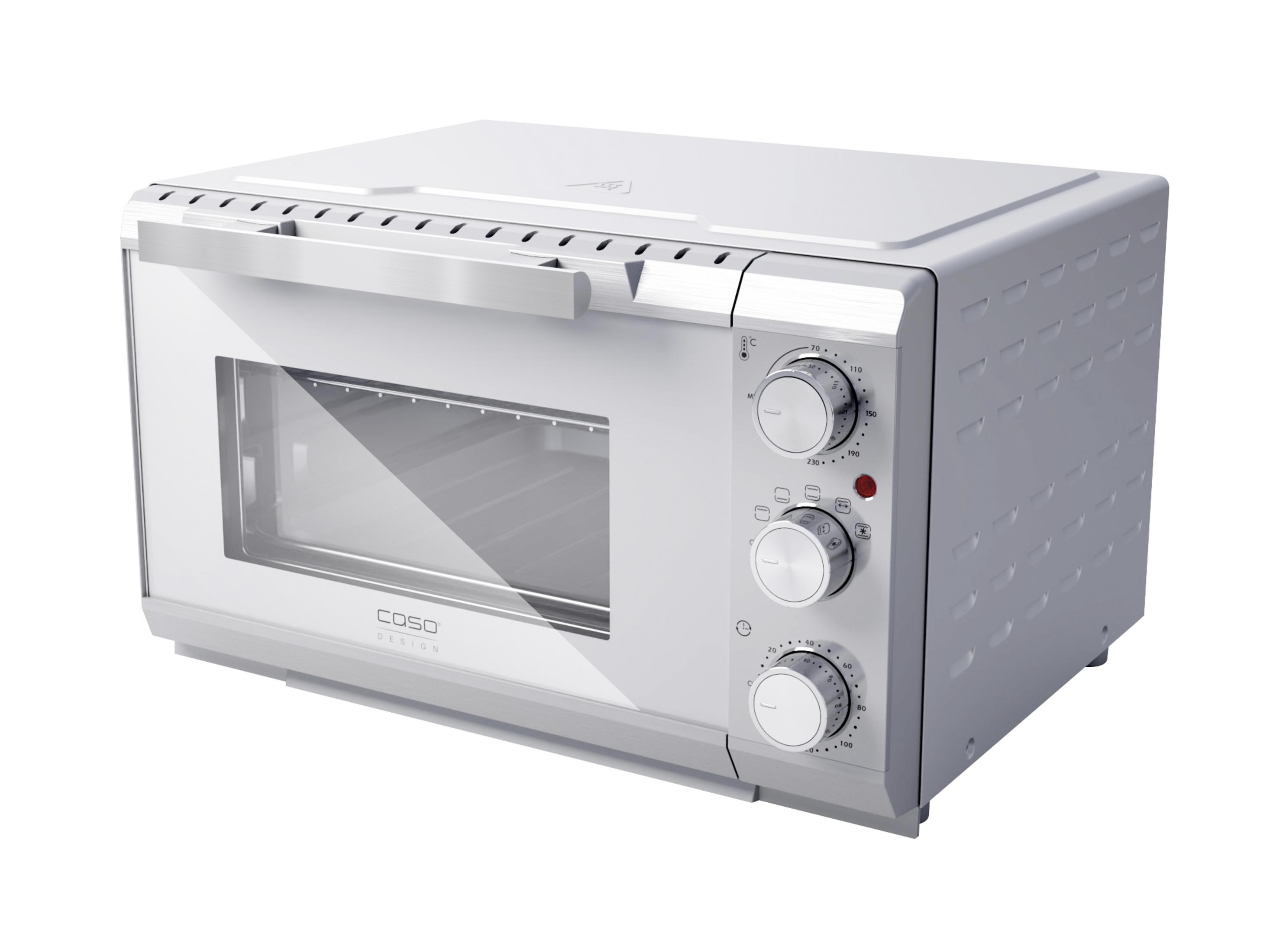 Un forno da banco bianco con porta in vetro e manopole di controllo.