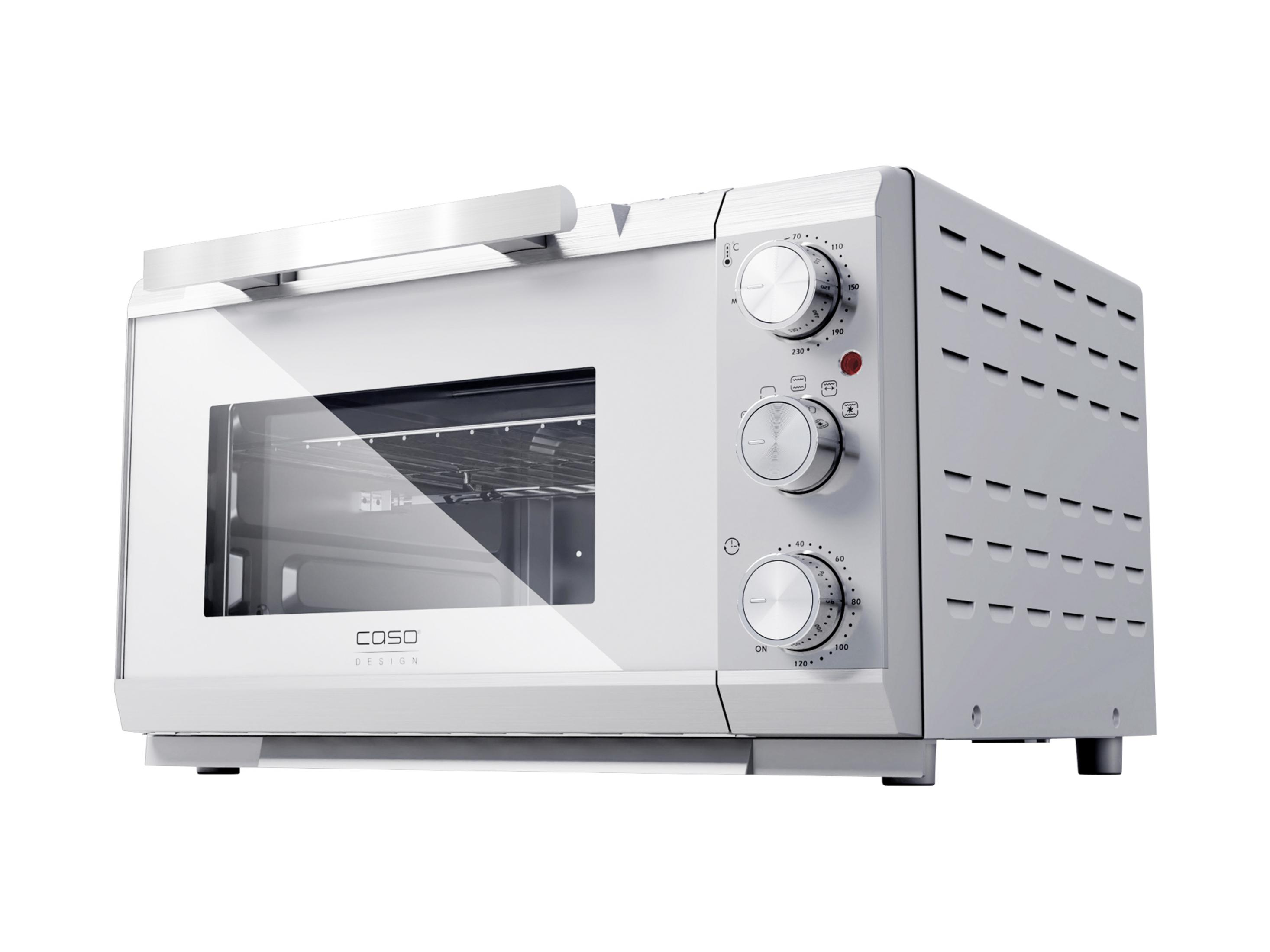 Un forno da banco bianco con controlli argentati e porta in vetro.