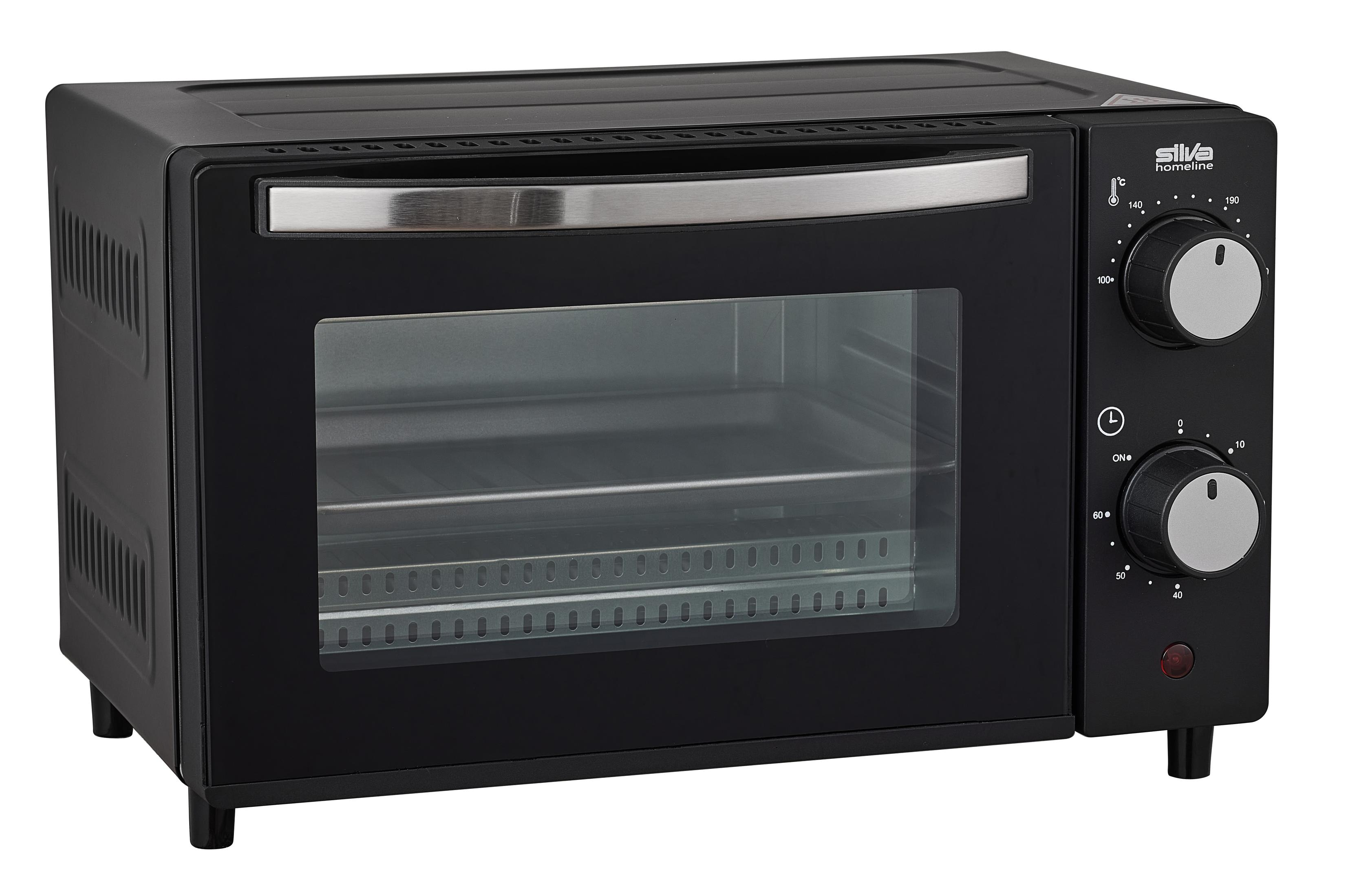 Forno da banco nero con maniglia argentata e due manopole per regolare la temperatura.