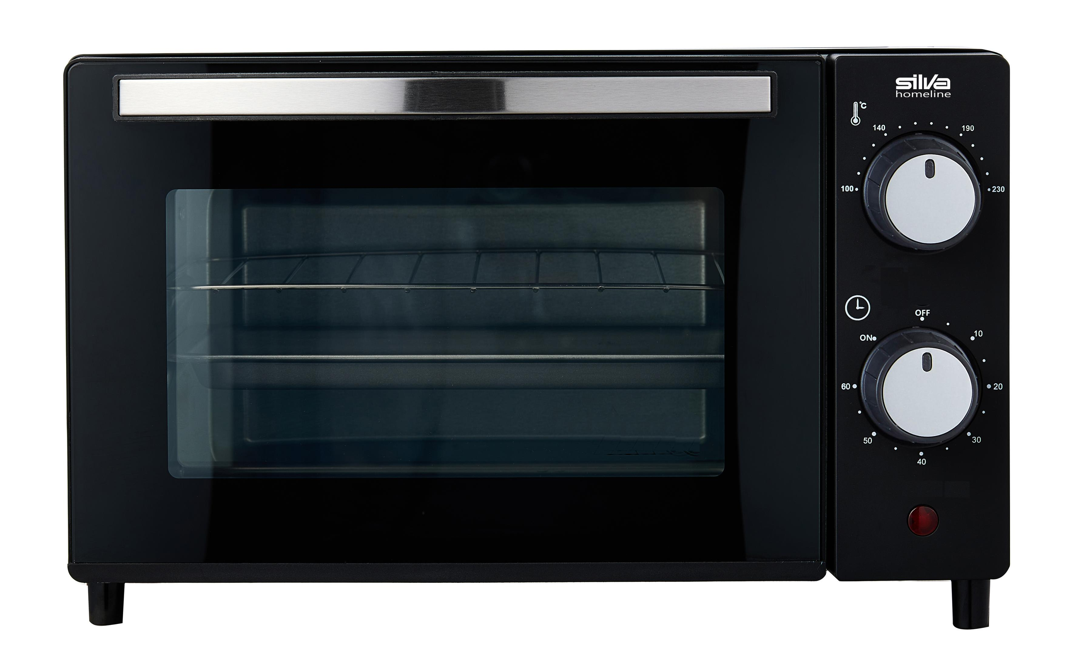 Un forno nero da tavolo con porta in vetro, due manopole e una maniglia.
