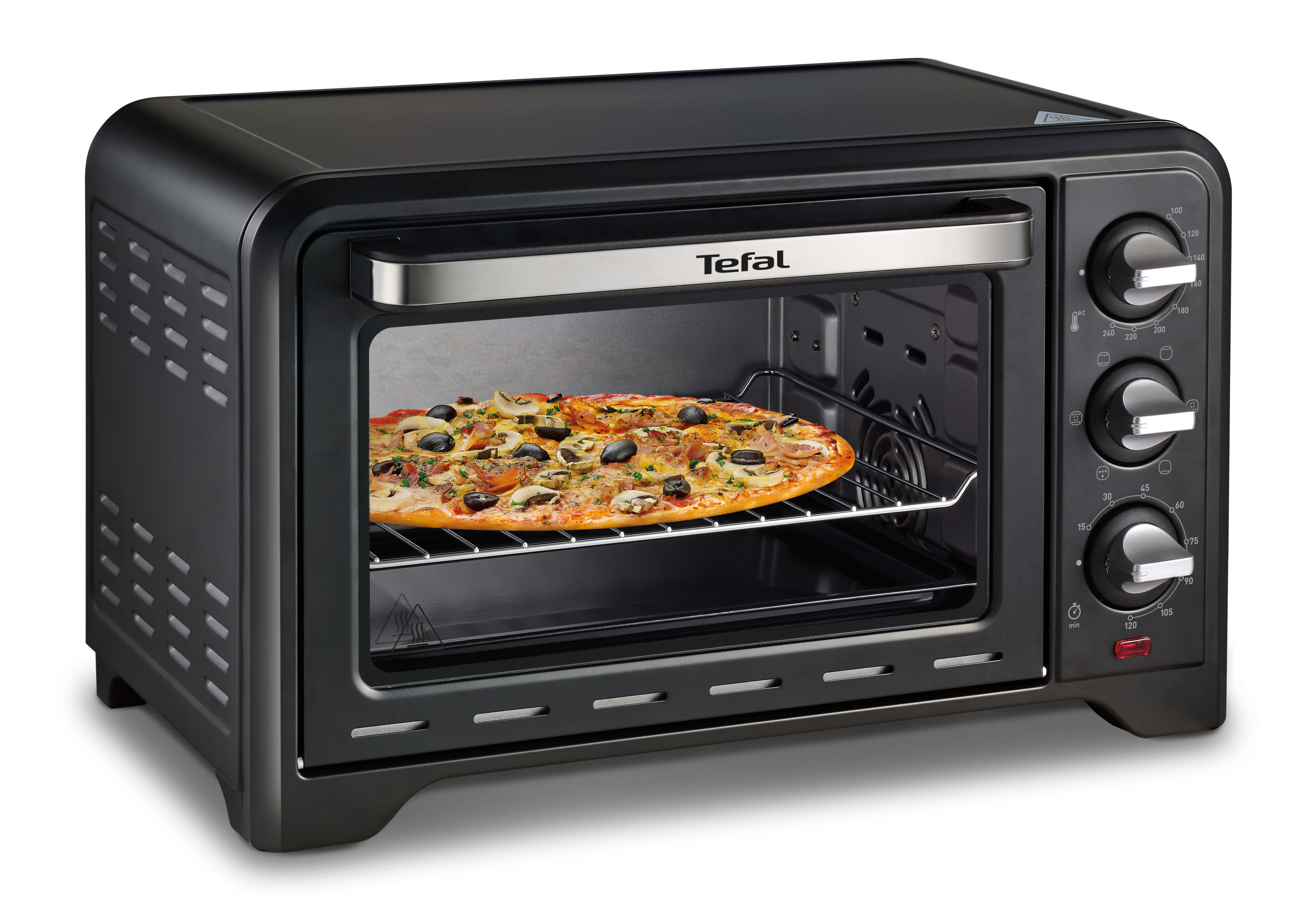 Un tostapane Tefal nero con una pizza sulla griglia.