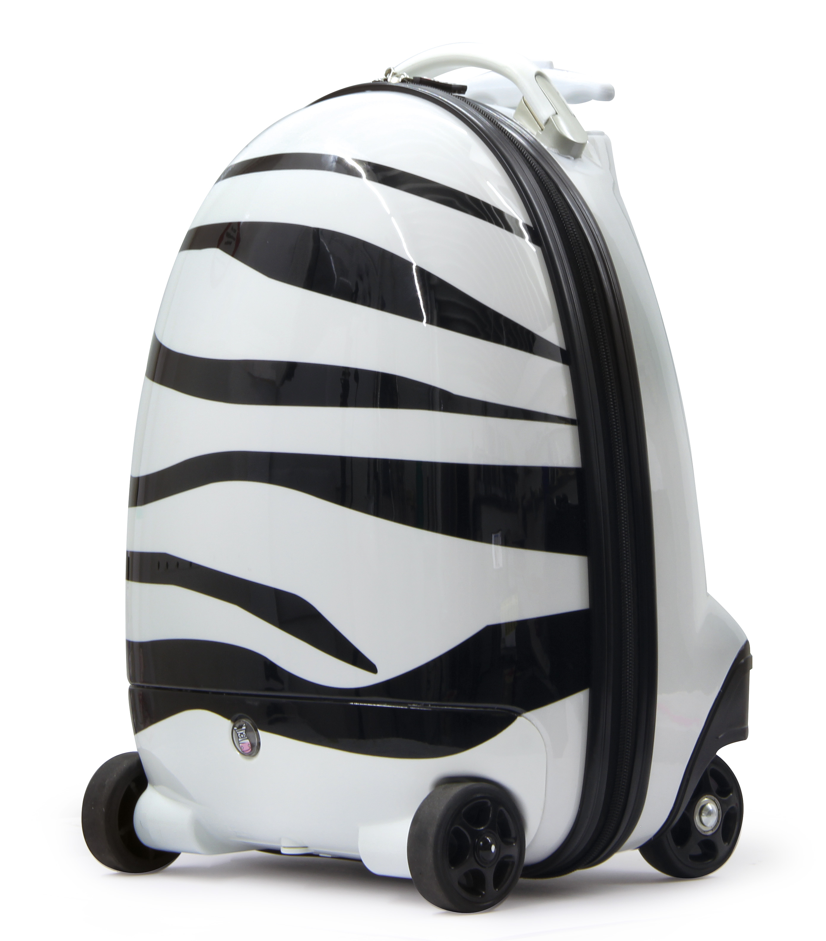 Ein weißer Rollkoffer mit schwarzen Zebrastreifen und schwarzem Reißverschluss.