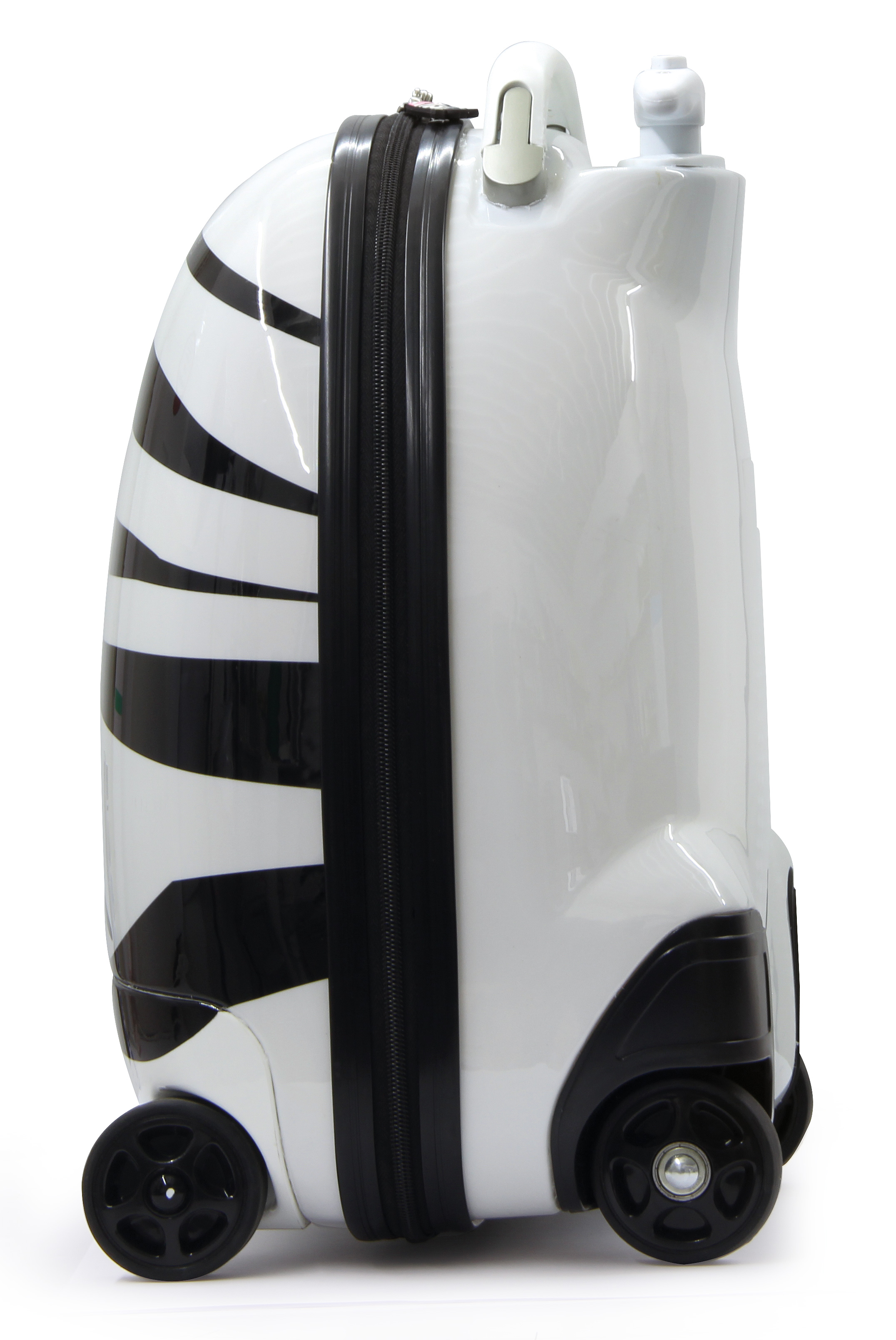 Ein weißer Koffer mit schwarzen Zebra-Streifen und schwarzen Rädern.