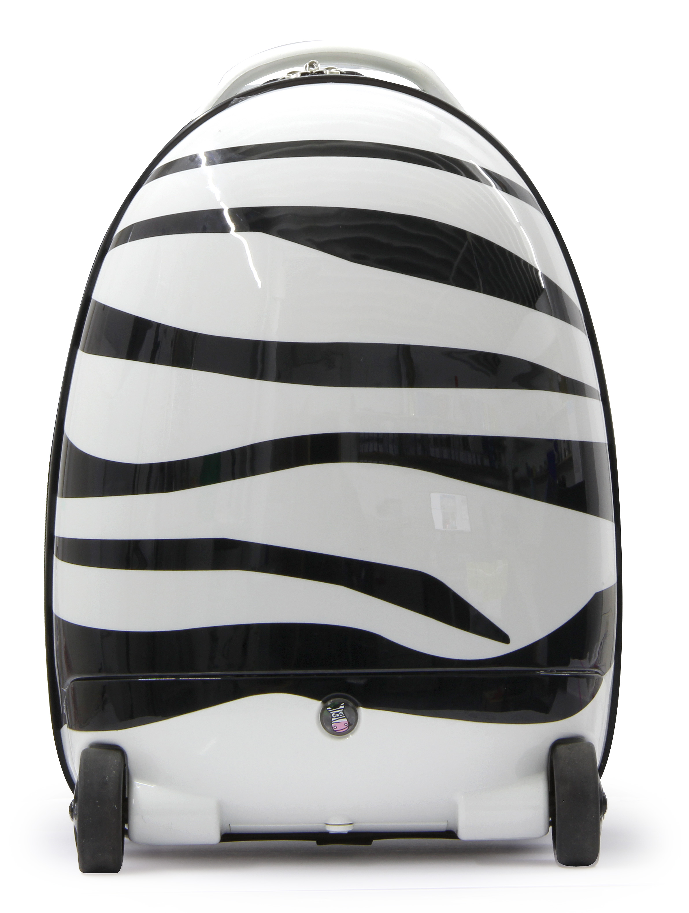 Ein weißer Rollkoffer mit schwarzen Zebra-Streifen und einem rosa Cartoon-Zebra-Aufkleber.