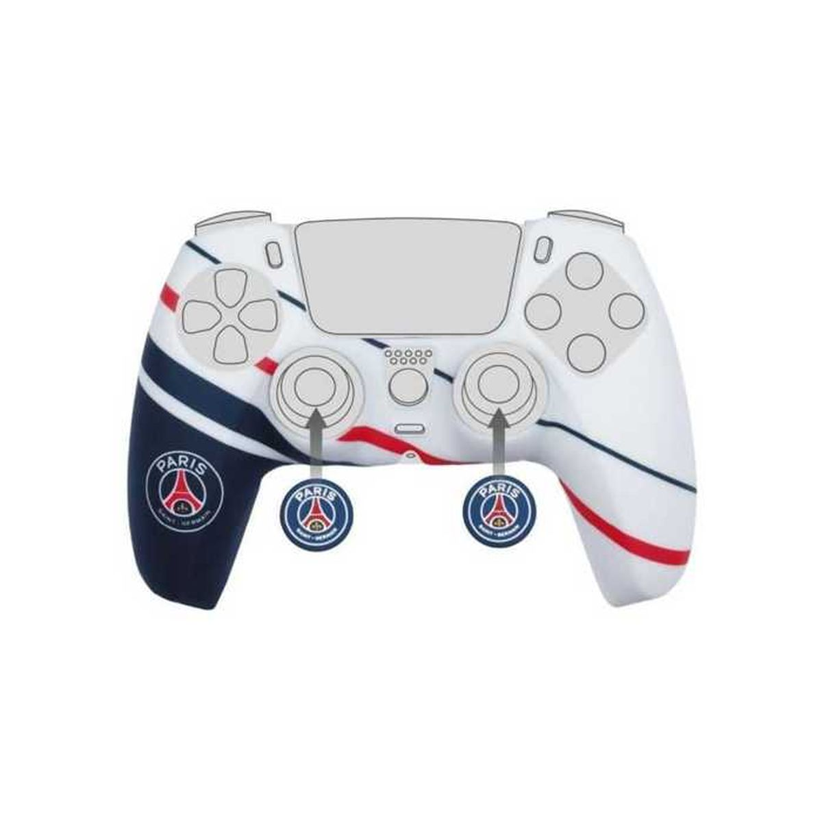 Un controller bianco con strisce blu e rosse e loghi PSG.