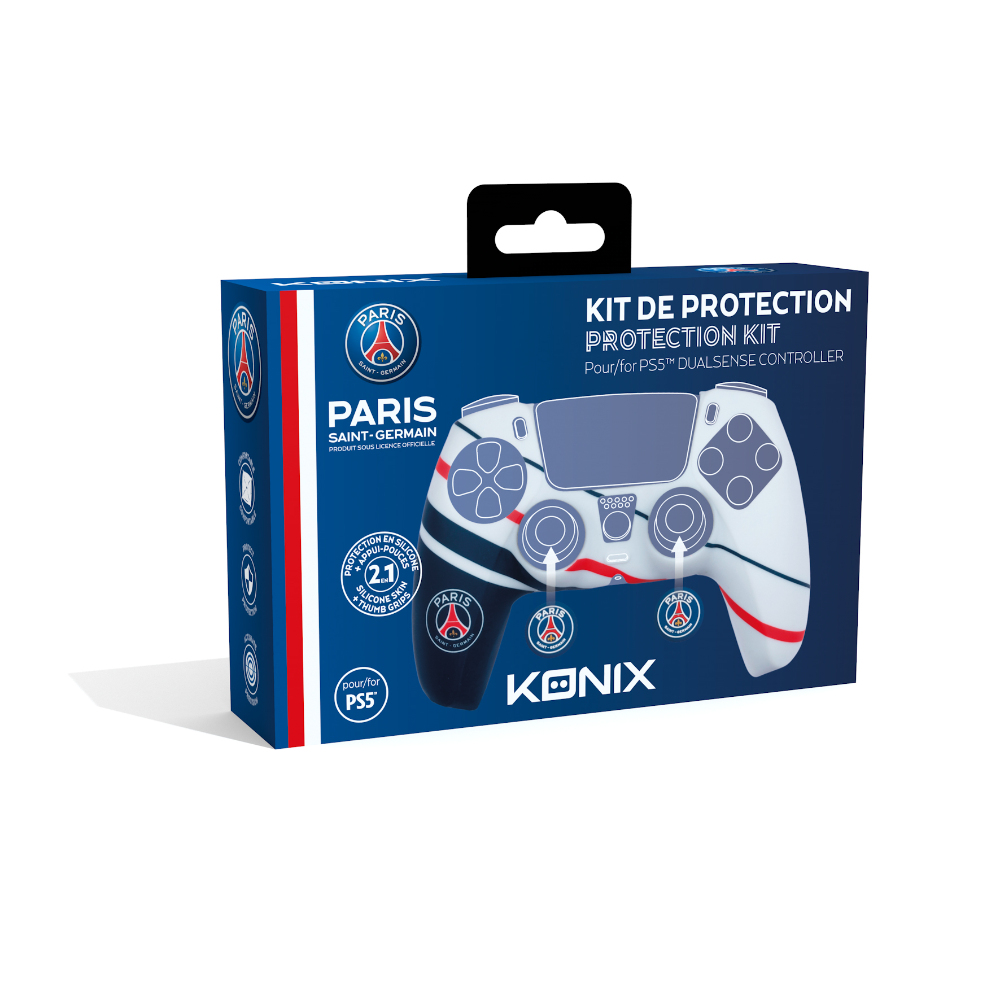 Scatola con design Paris Saint-Germain per controller PS5, con grafica del controller.