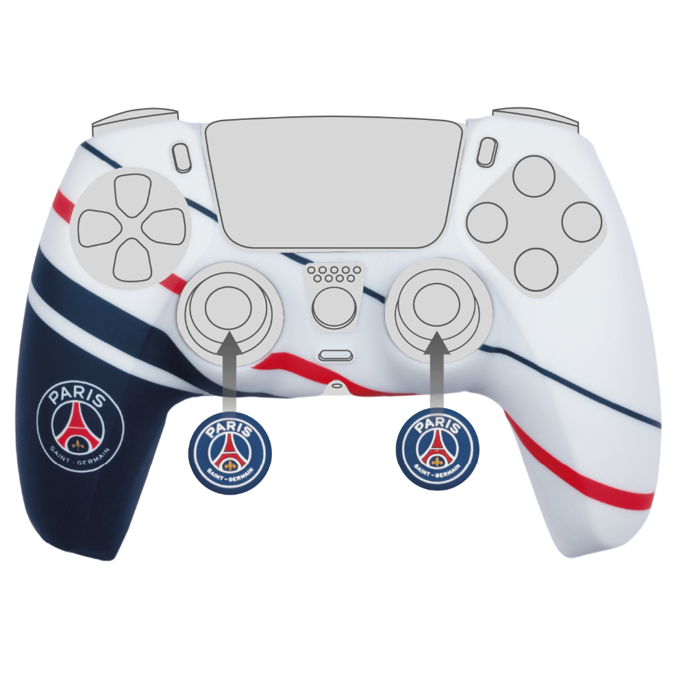Custodia bianca per controller con strisce blu, rosse e bianche e loghi PSG.