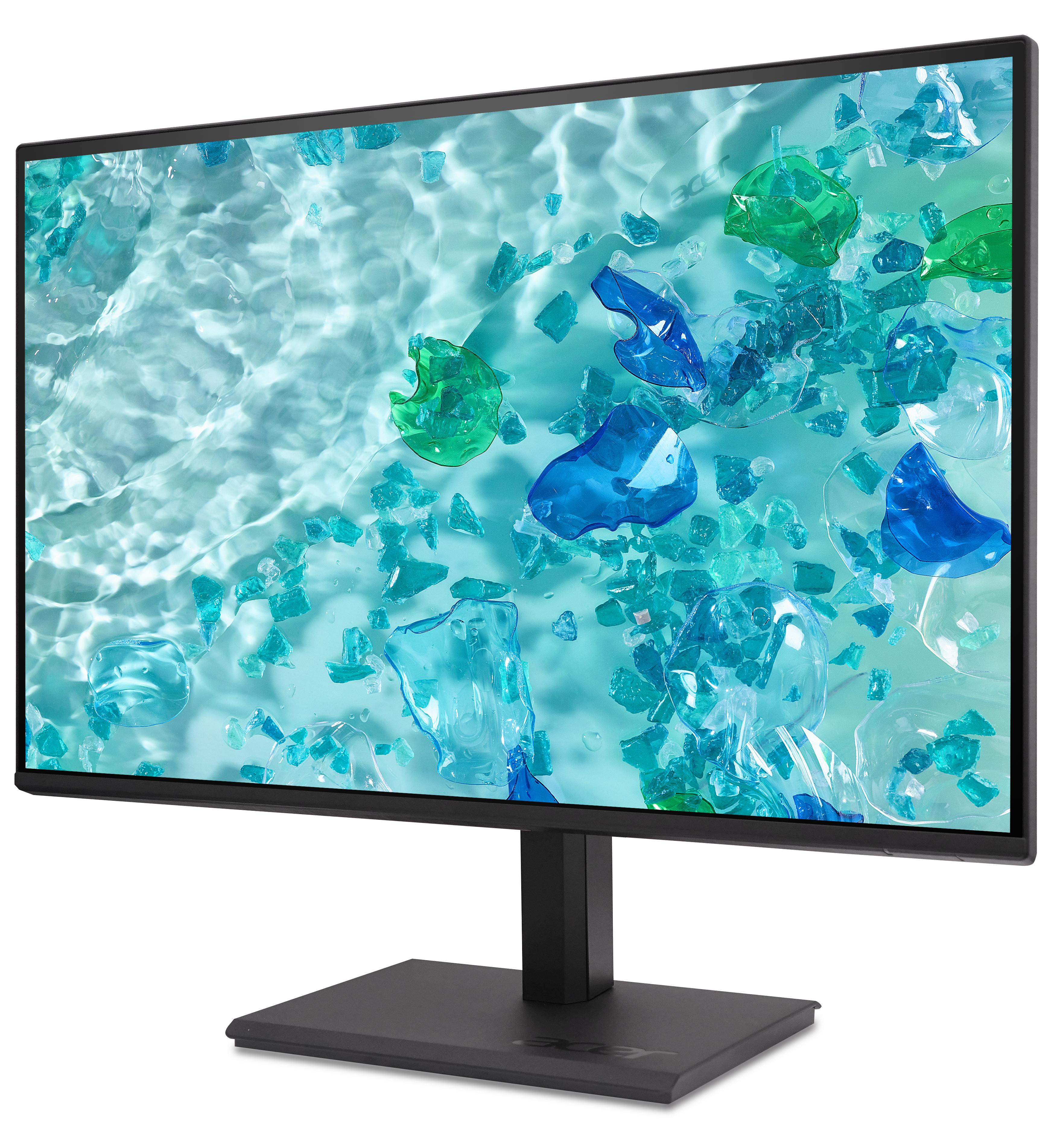 Ein Monitor zeigt eine Wasseroberfläche mit blauen und grünen Glasstücken.