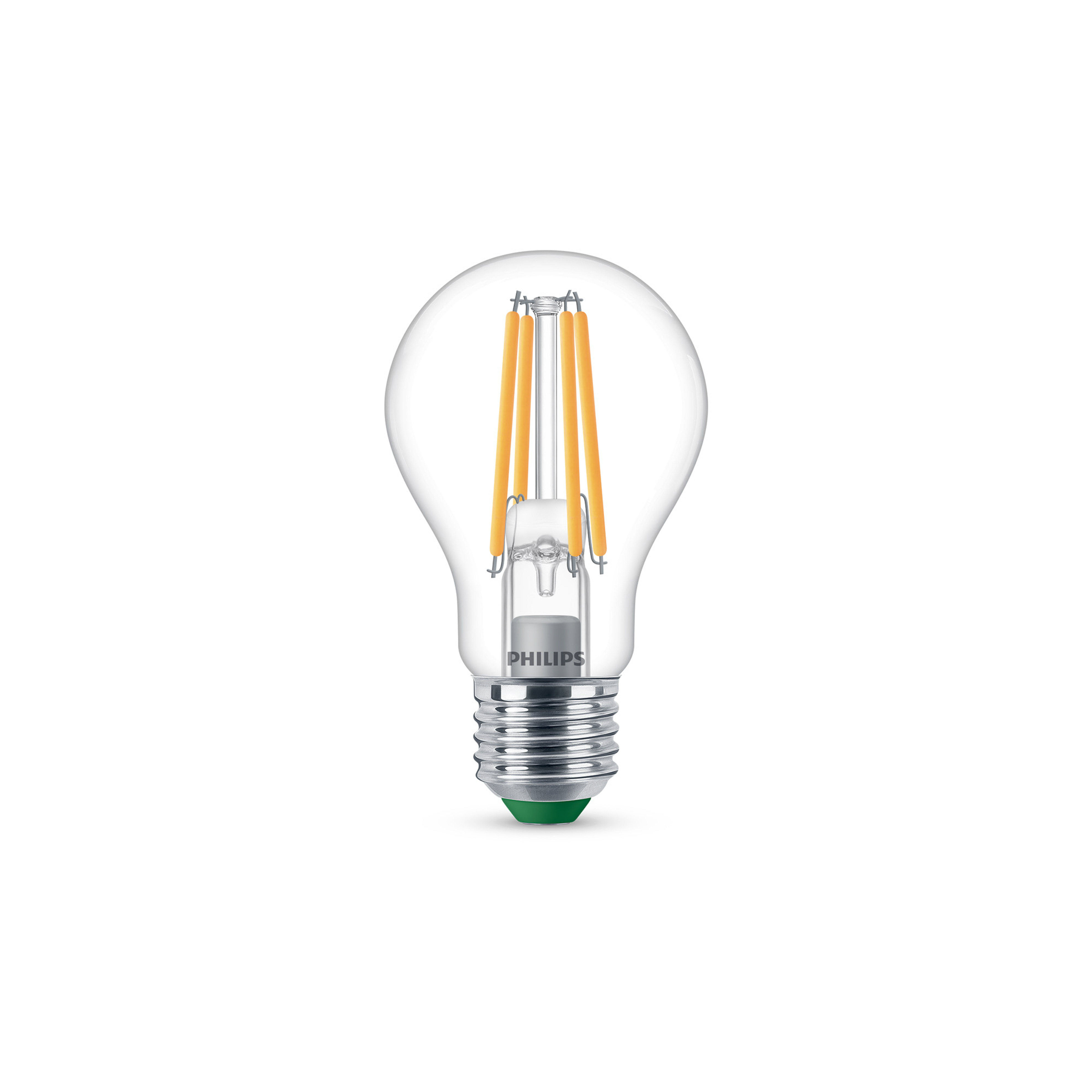 Eine klare LED-Glühbirne mit silbernem Sockel und grünem Boden.