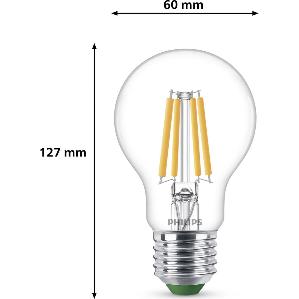 Eine klare LED-Glühbirne, 127 mm hoch und 60 mm breit, mit gelben Glühfäden.