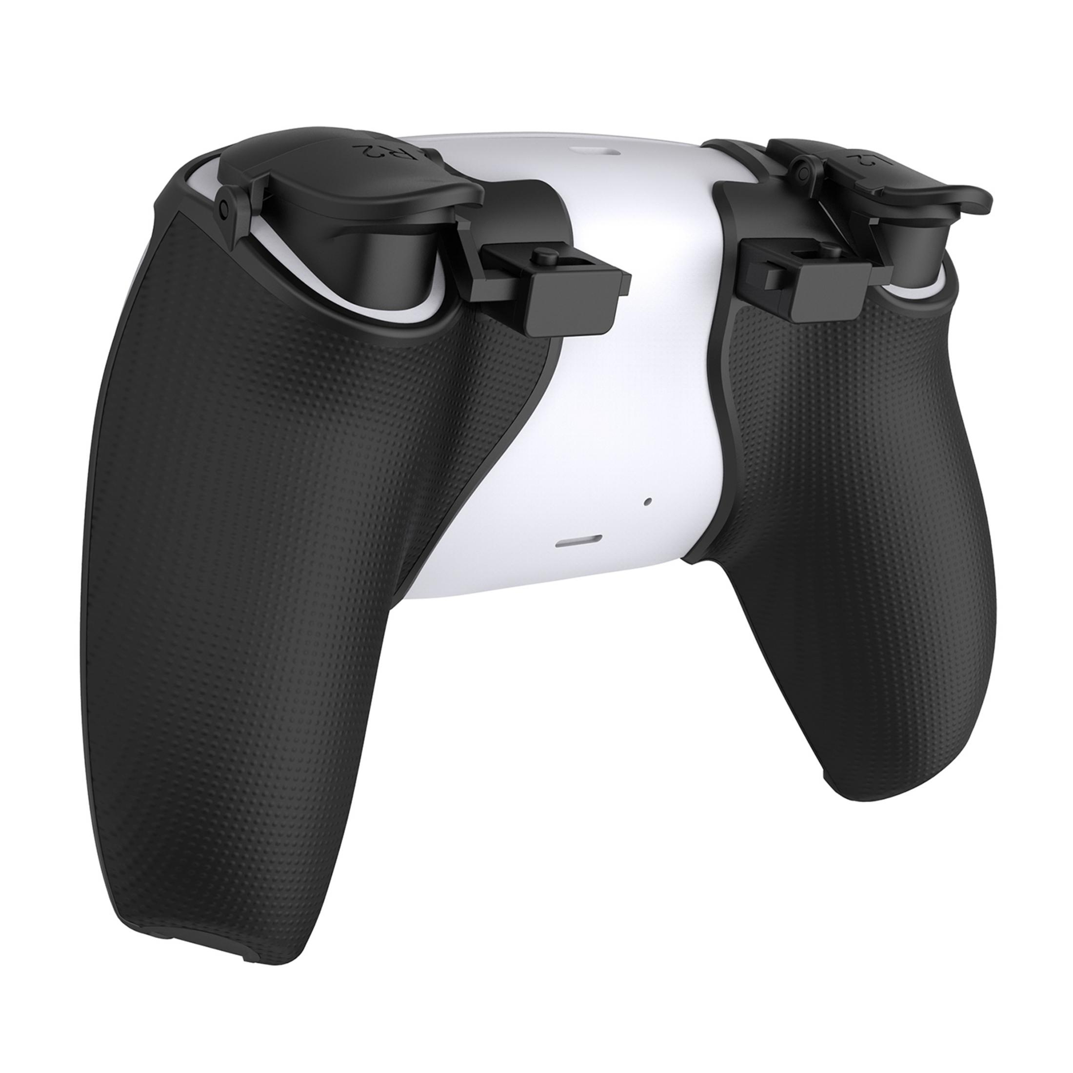 Un controller bianco e nero con impugnature testurizzate e pulsanti neri.