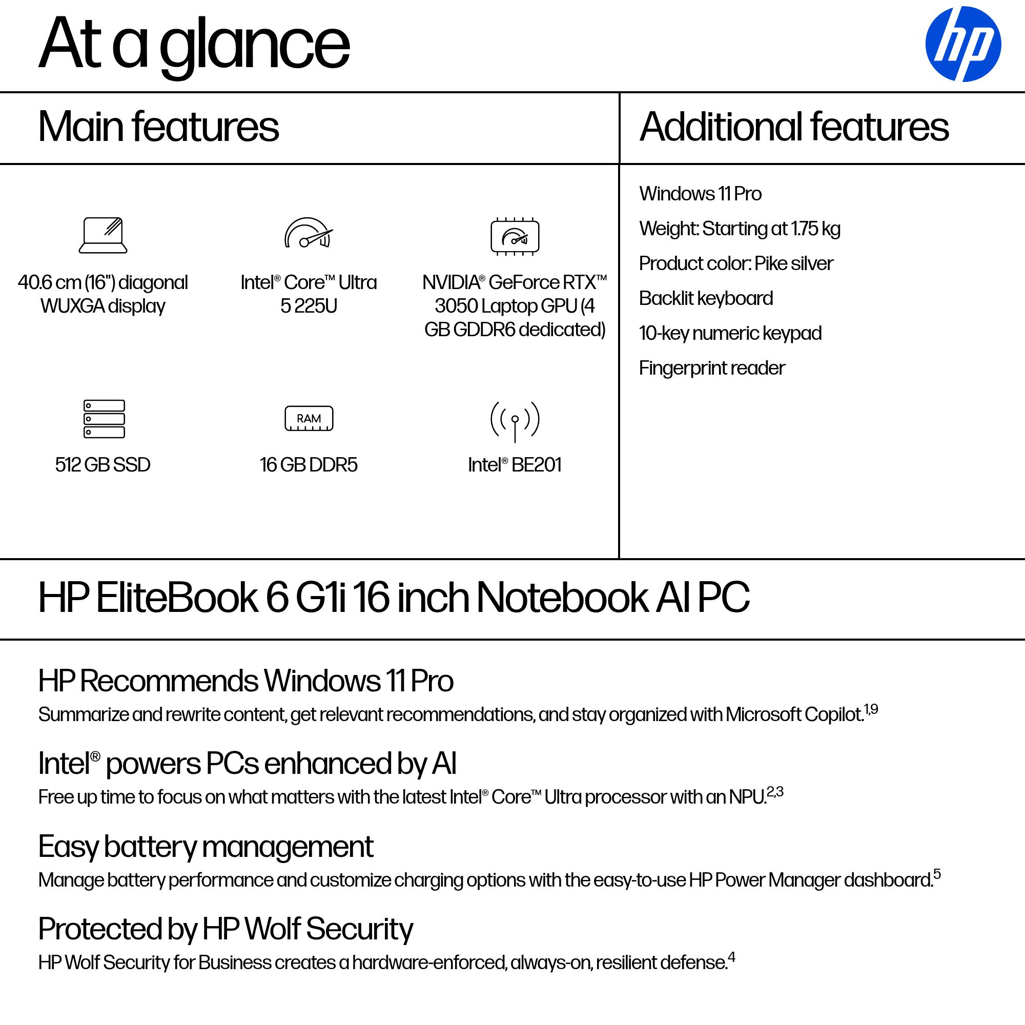 Specifiche HP EliteBook 6 G1i Notebook AI PC 16": display 16", Intel Core Ultra 5, GPU RTX 3050.