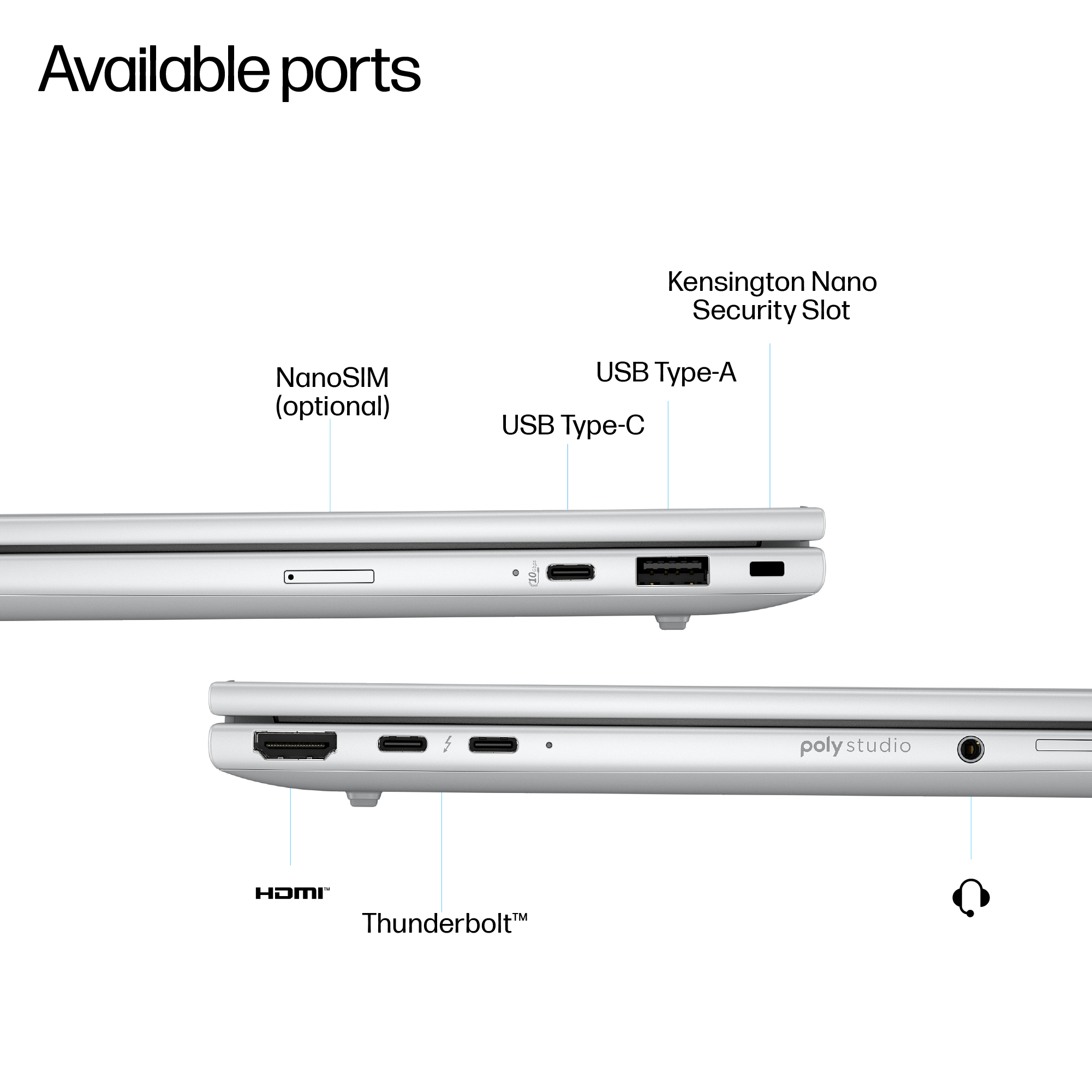 Porte: NanoSIM, USB-A, USB-C, slot Kensington, HDMI, Thunderbolt, Audio.