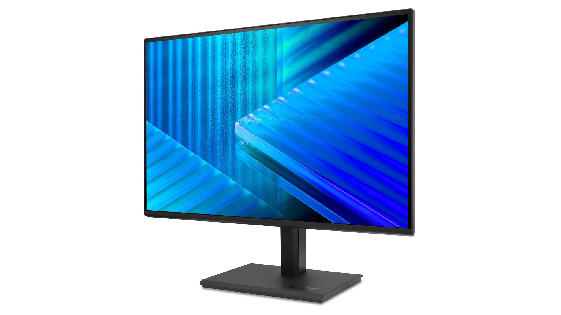 A modern black computer monitor displaying an abstract blue background on its screen.