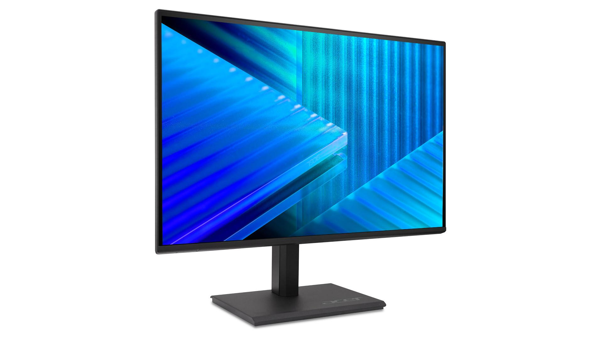 A black monitor with a blue abstract screen on a stand.
