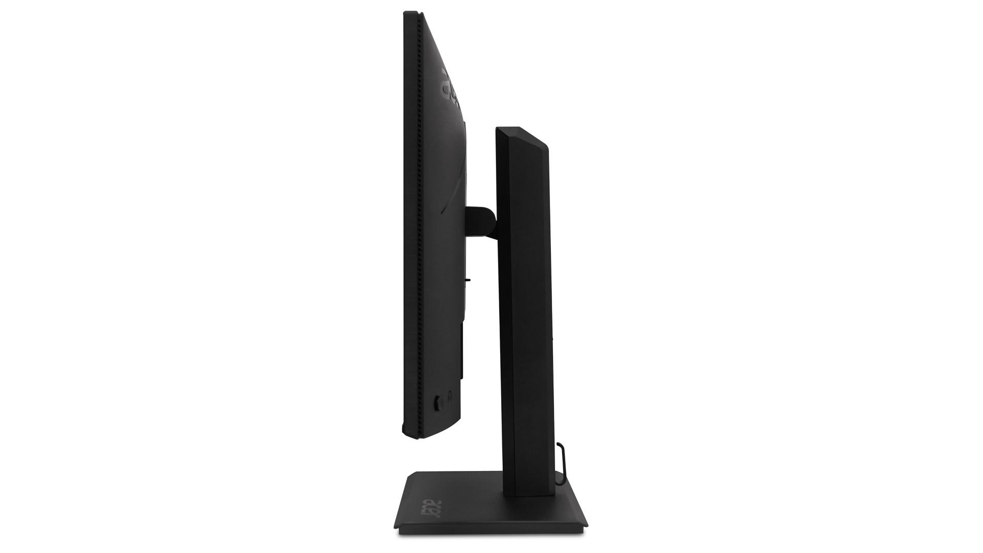 A black computer monitor on a stand, viewed from the side.