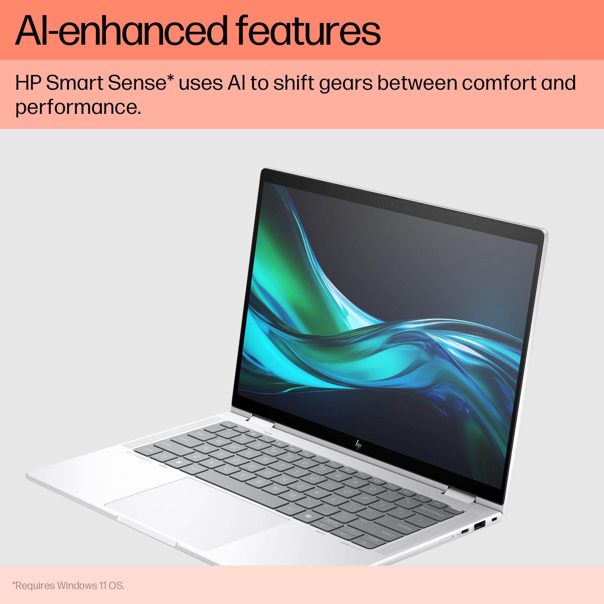Srebrny laptop HP EliteBook z podświetlaną klawiaturą i abstrakcyjnym zielonym tłem na ekranie.