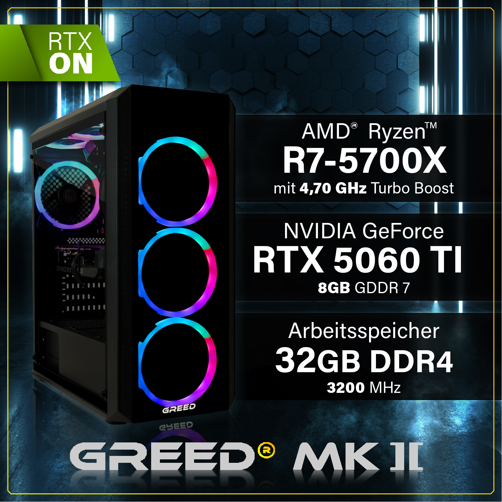 Obudowa PC z wentylatorami RGB, AMD Ryzen R7-5700X, RTX 5060 Ti, 32GB DDR4.