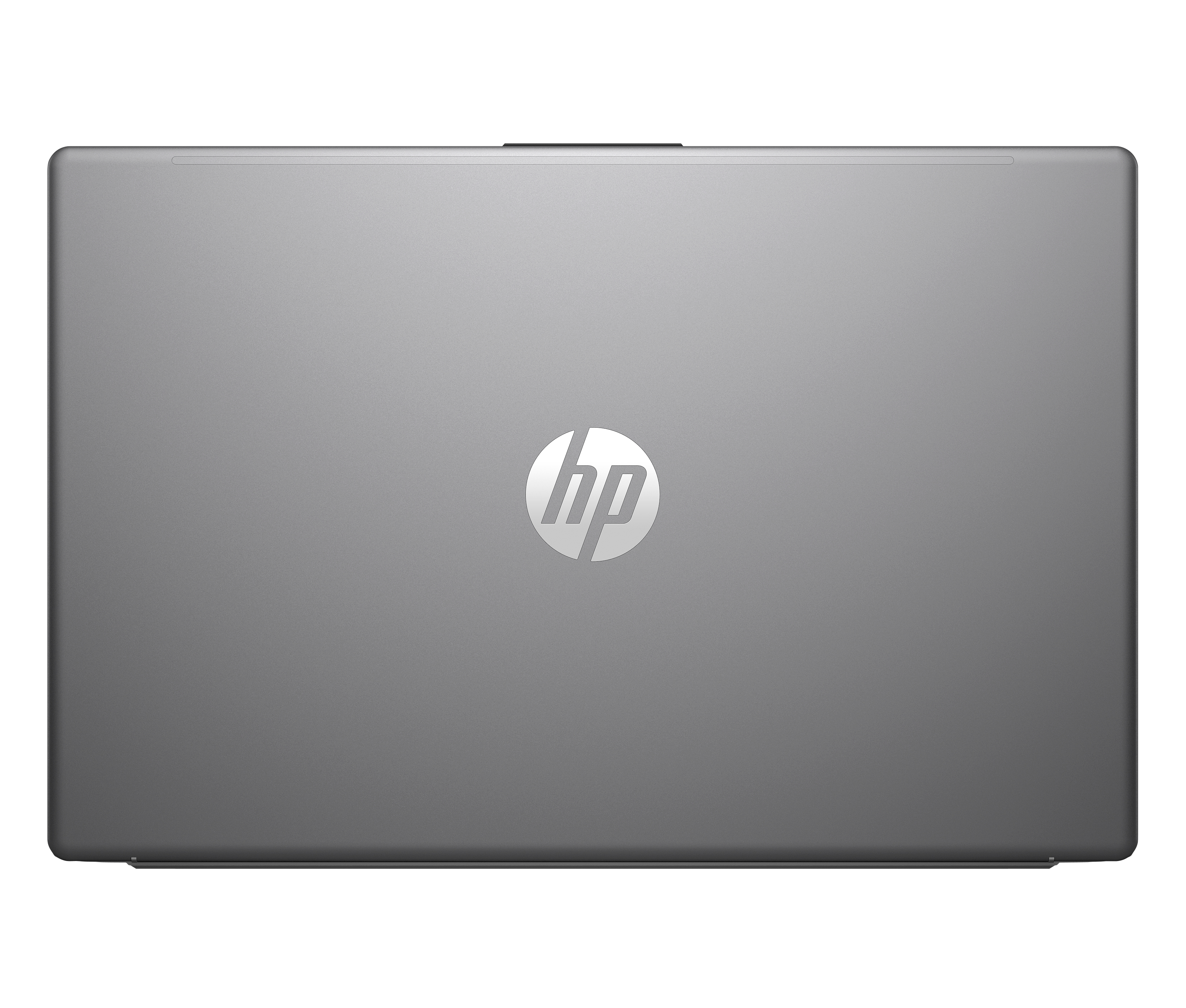 Geschlossener grauer HP Laptop mit silbernem Logo in der Mitte.
