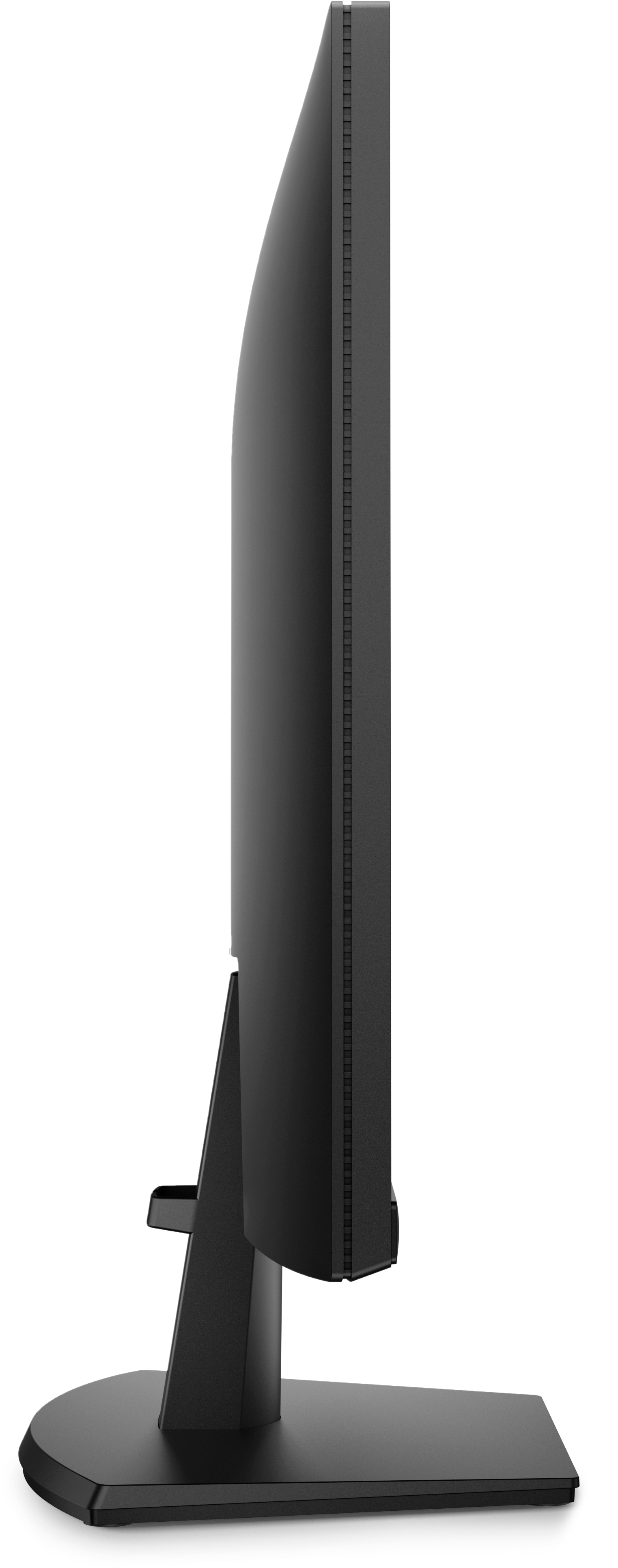 Vue de côté d'un élégant moniteur d'ordinateur noir sur un support, sur fond blanc.