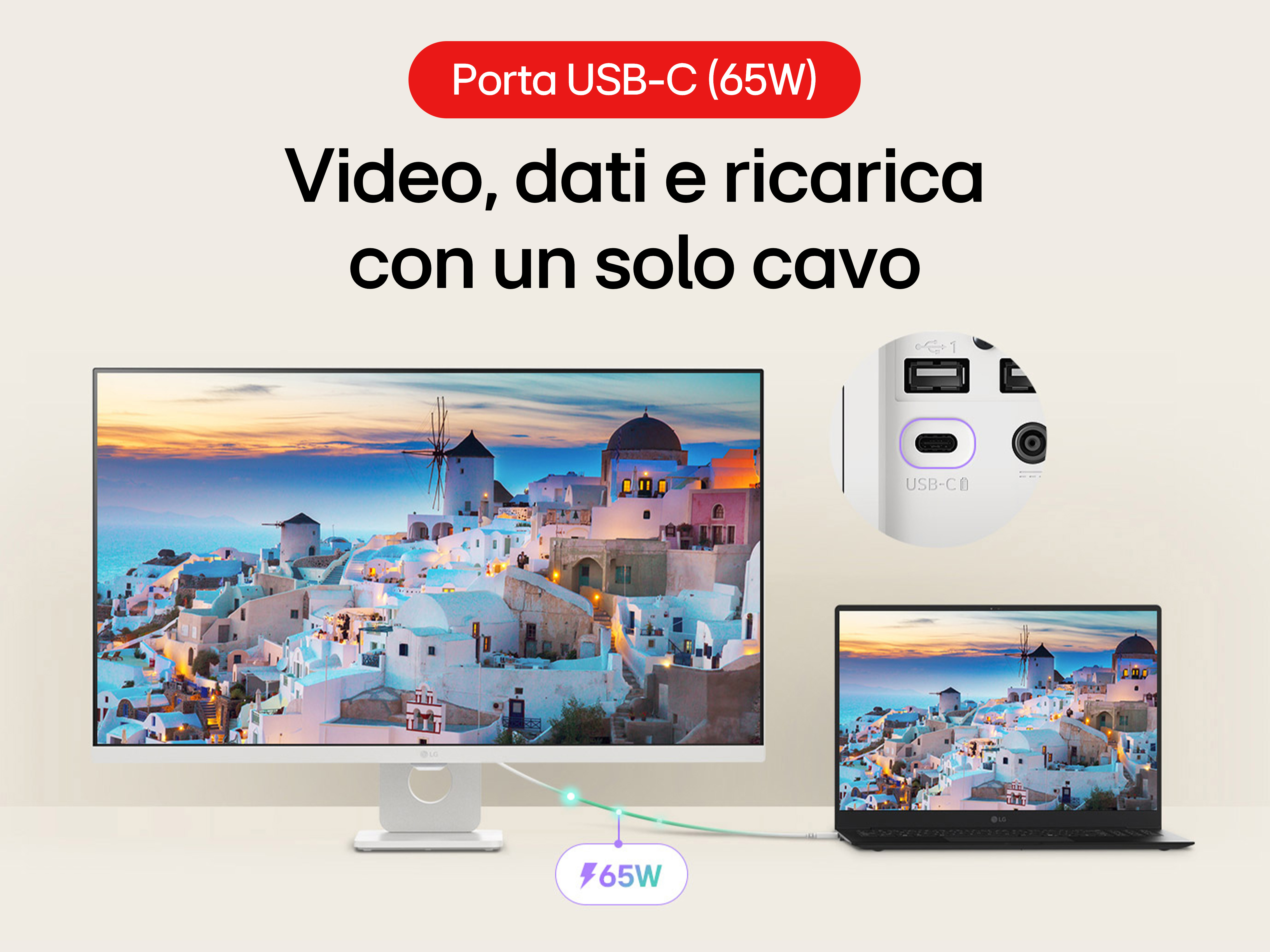 Ein Monitor und Laptop zeigen Santorin. Ein USB-C-Port ist hervorgehoben.