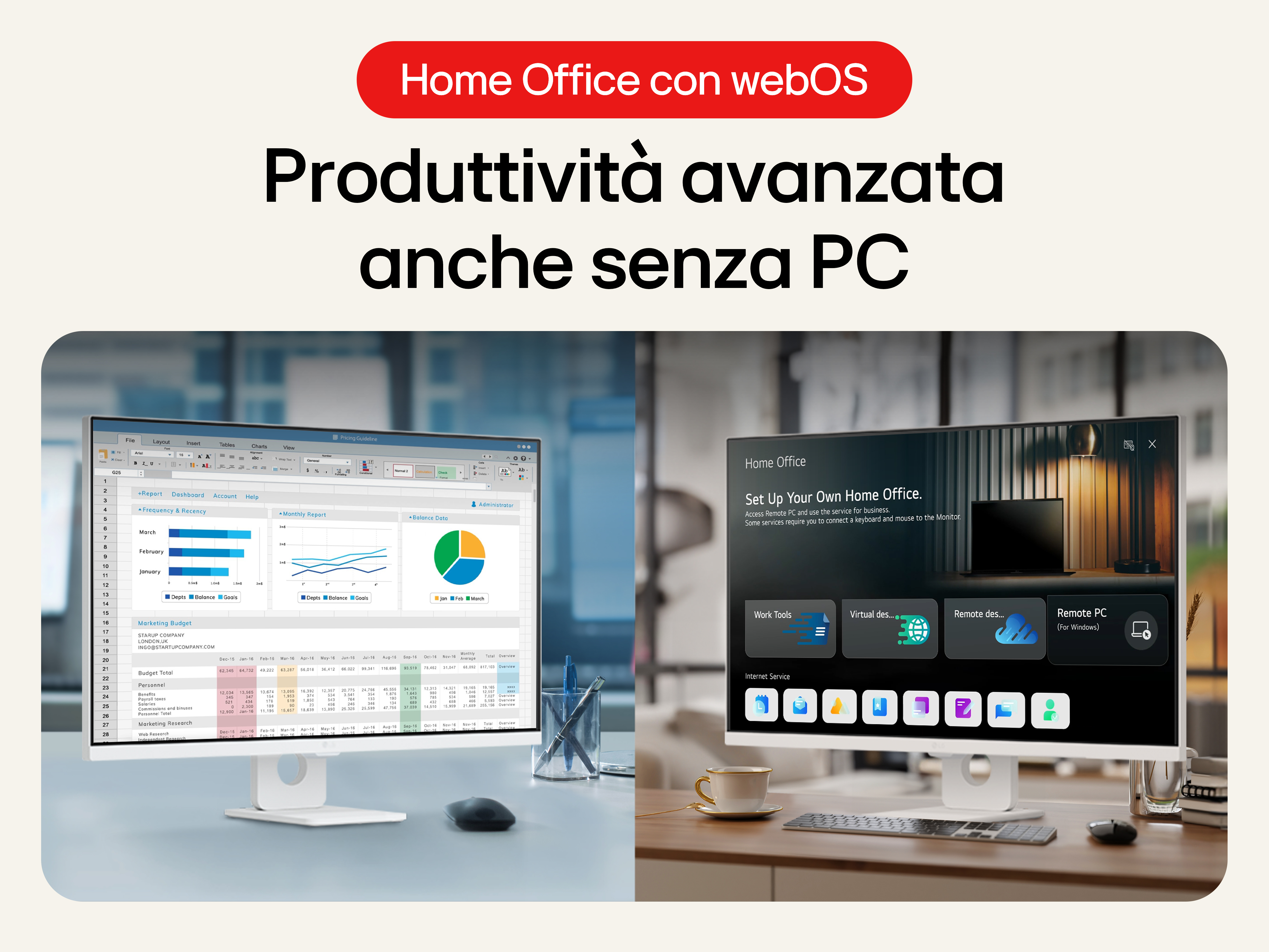 Zwei Monitore mit Tabellen und Home-Office-Apps. Ein Monitor zeigt Tabellenkalkulationen, der andere eine Home-Office-Oberfläche.