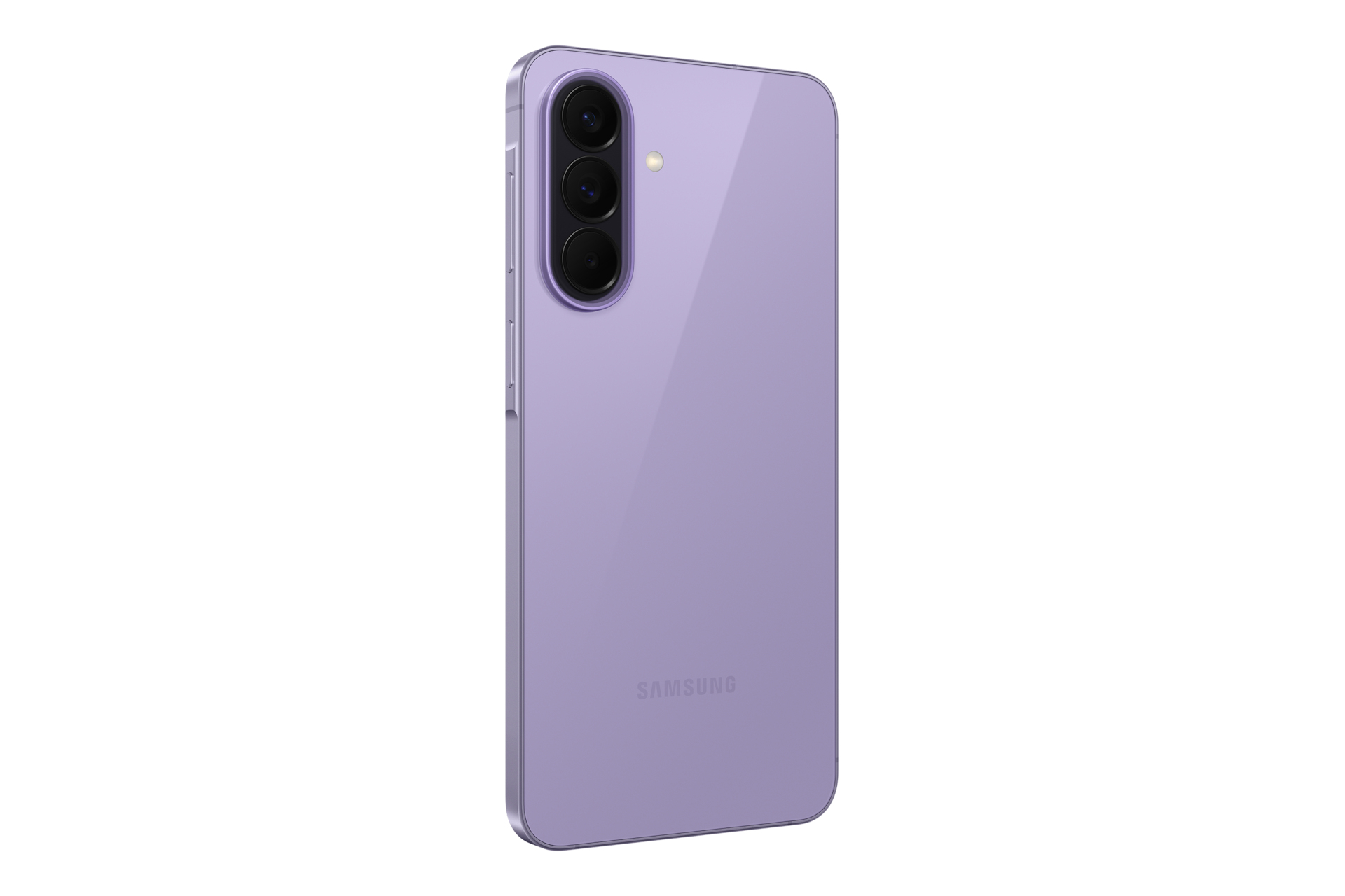 Uno smartphone Samsung viola con tre fotocamere sul retro.
