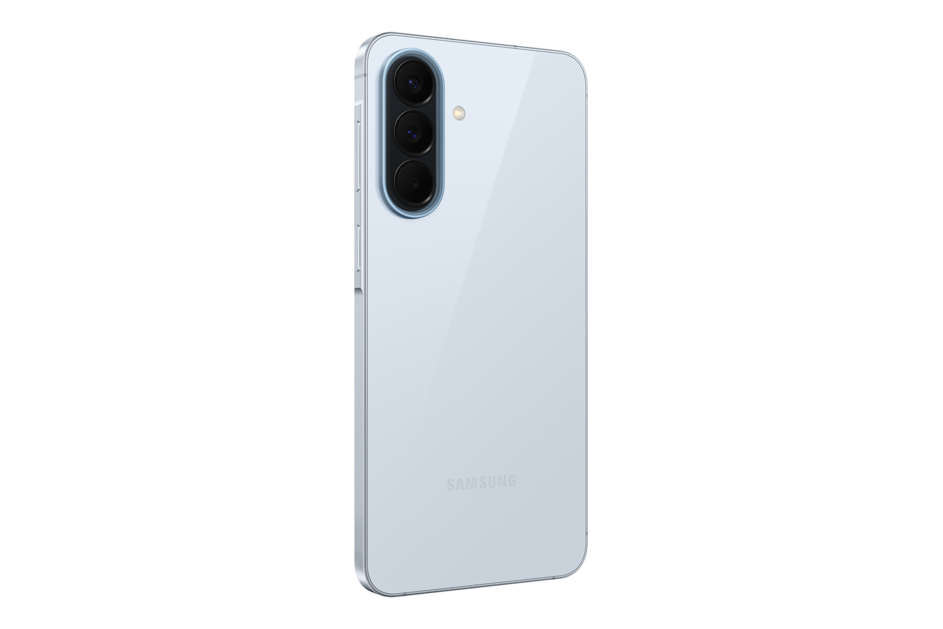Retro di uno smartphone azzurro con tre fotocamere e logo Samsung.