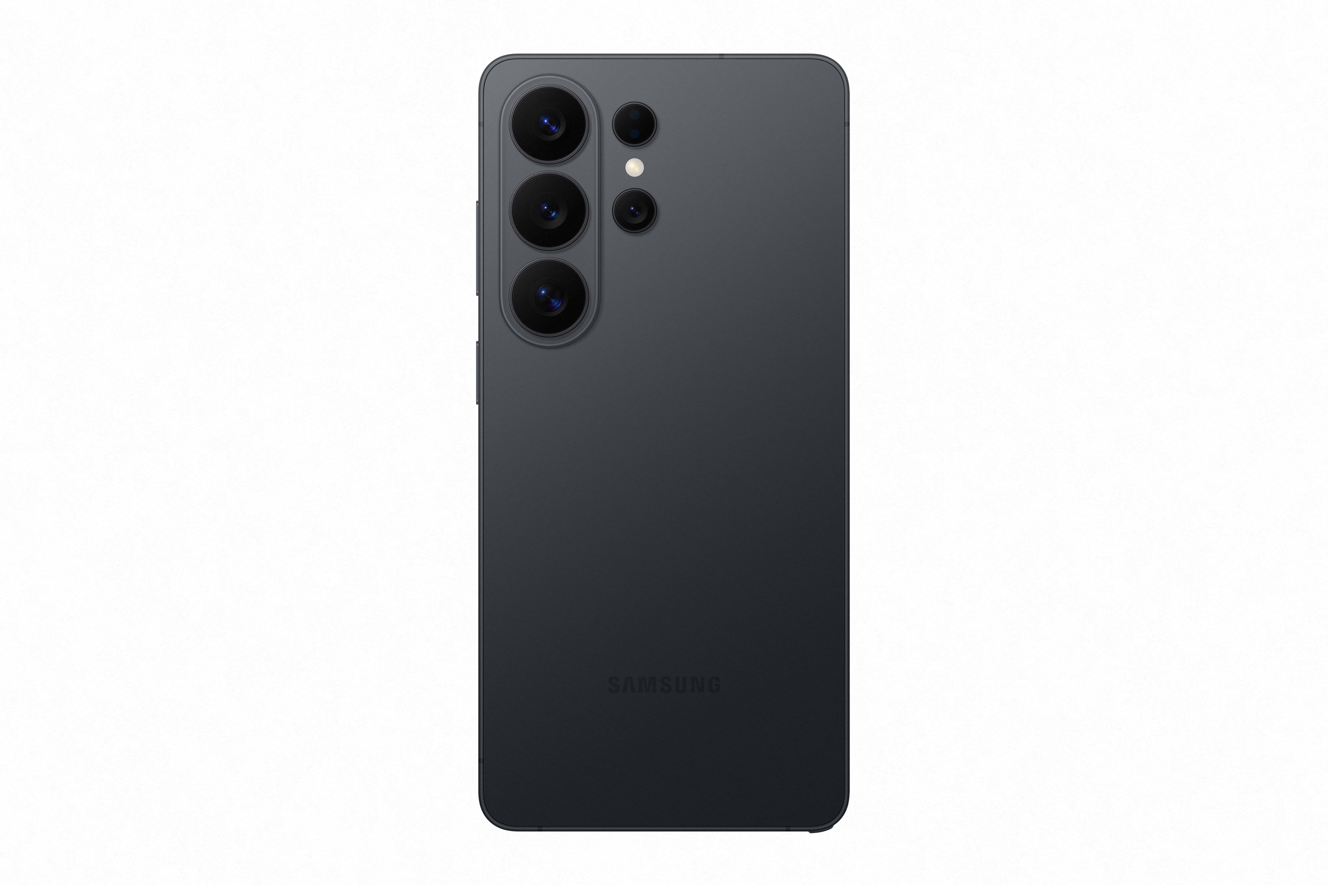 Tył ciemnego smartfona Samsung z czterema aparatami i lampą błyskową.
