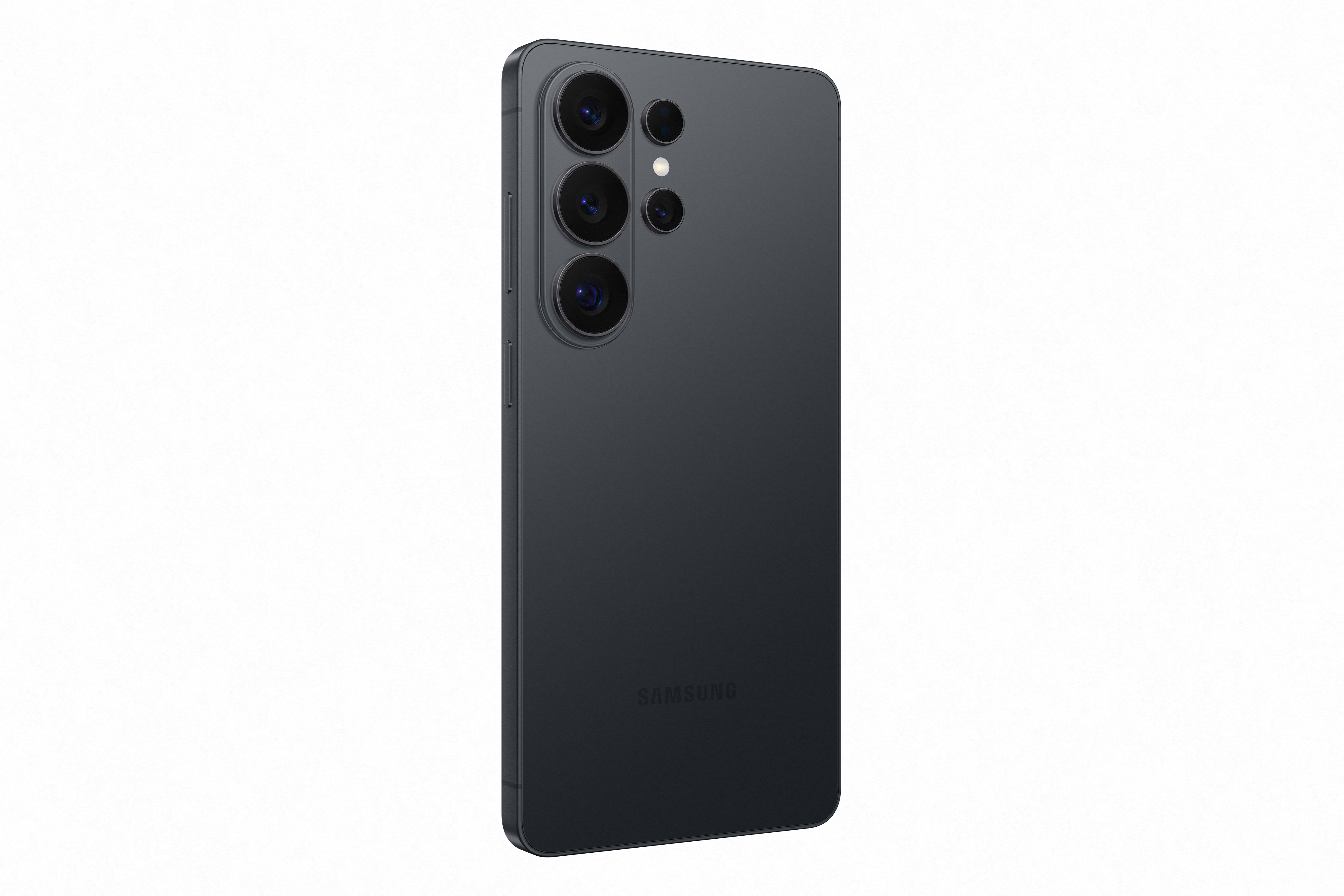 Ciemnoszary smartfon z tyłu, z czterema obiektywami i logo Samsung.