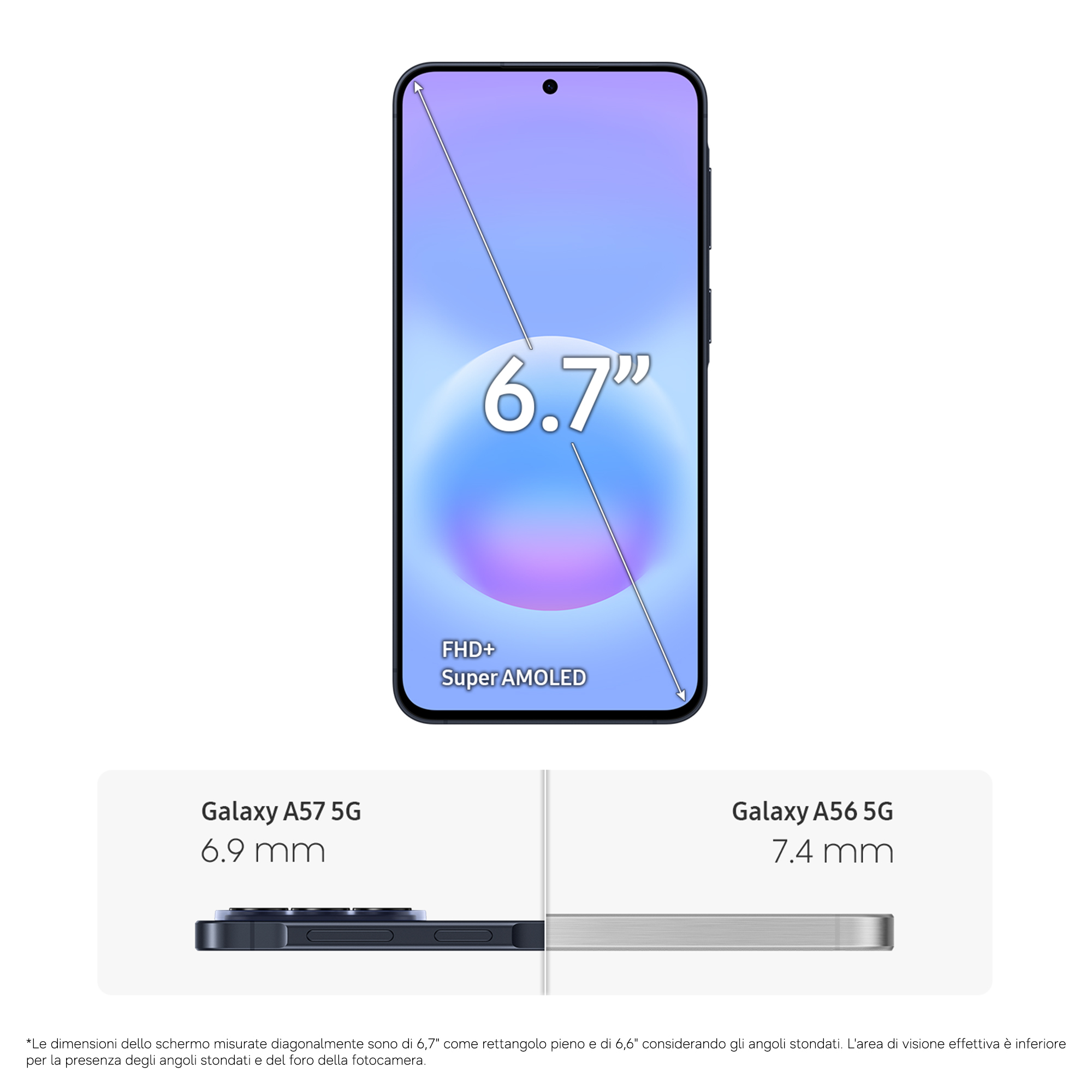 Ein Smartphone mit 6,7-Zoll-FHD+-Super-AMOLED-Display, Galaxy A57 5G (6,9 mm) und Galaxy A56 5G (7,4 mm).