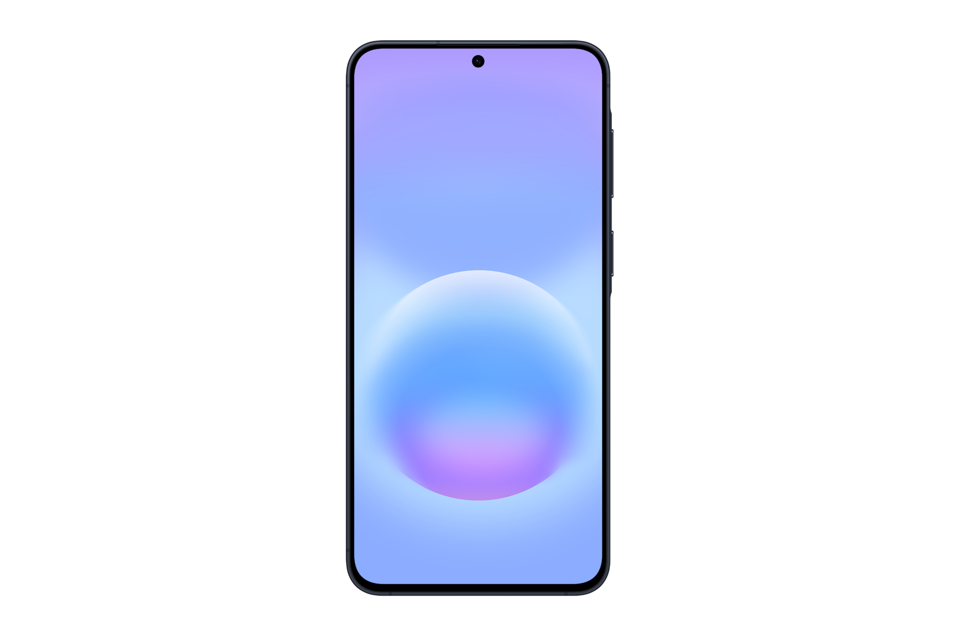 Ciemny smartfon z niebiesko-fioletowym gradientem na ekranie.
