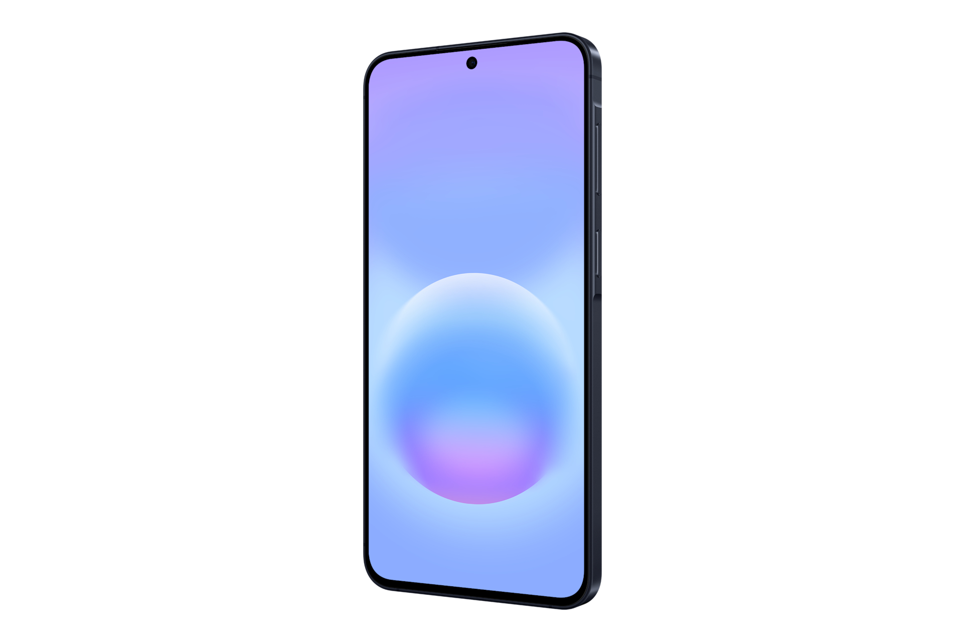 Ciemny smartfon z fioletowo-niebieskim gradientowym tłem na ekranie.