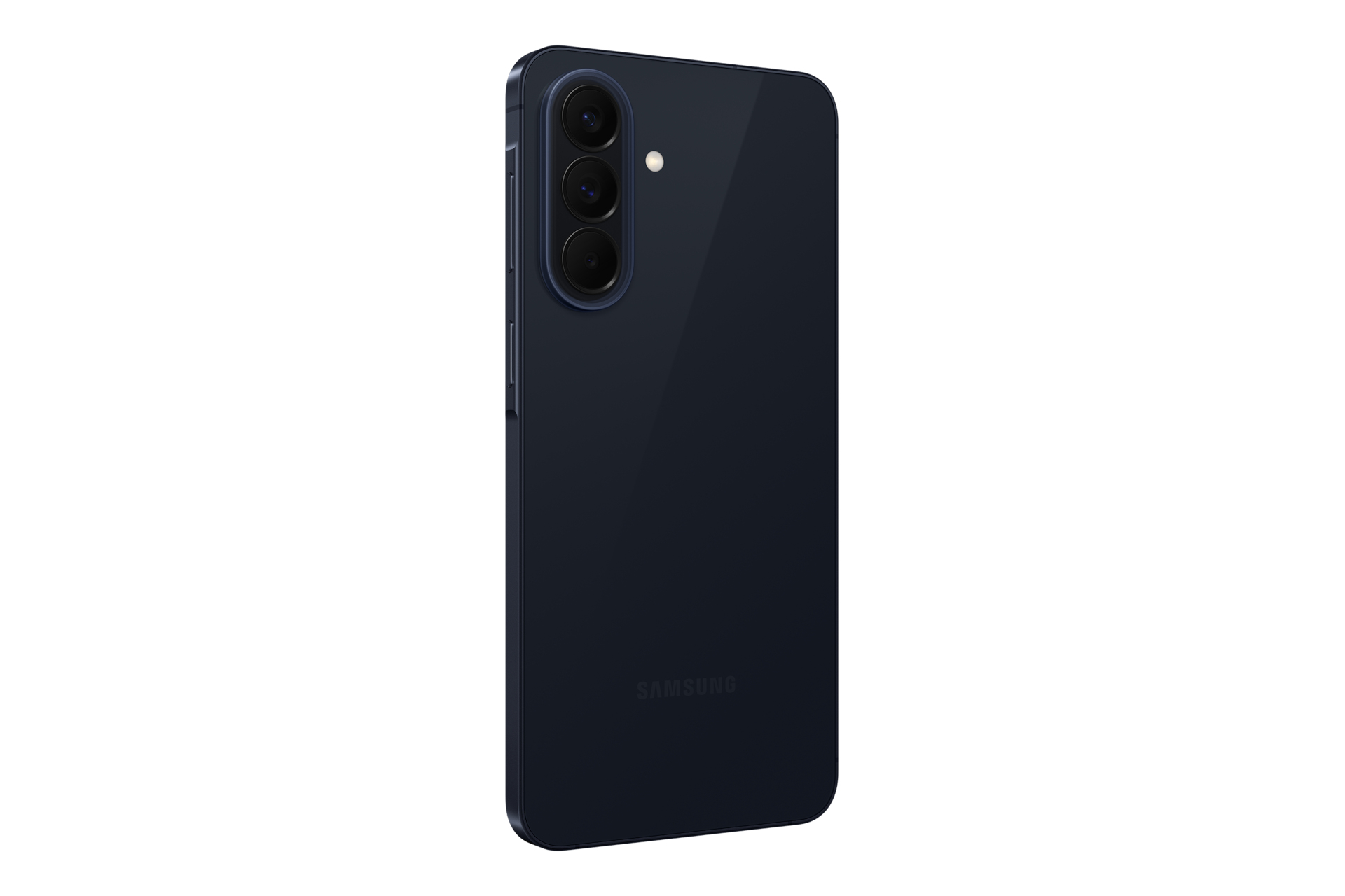 Ciemnoniebieski smartfon z trzema aparatami i lampą błyskową z tyłu.