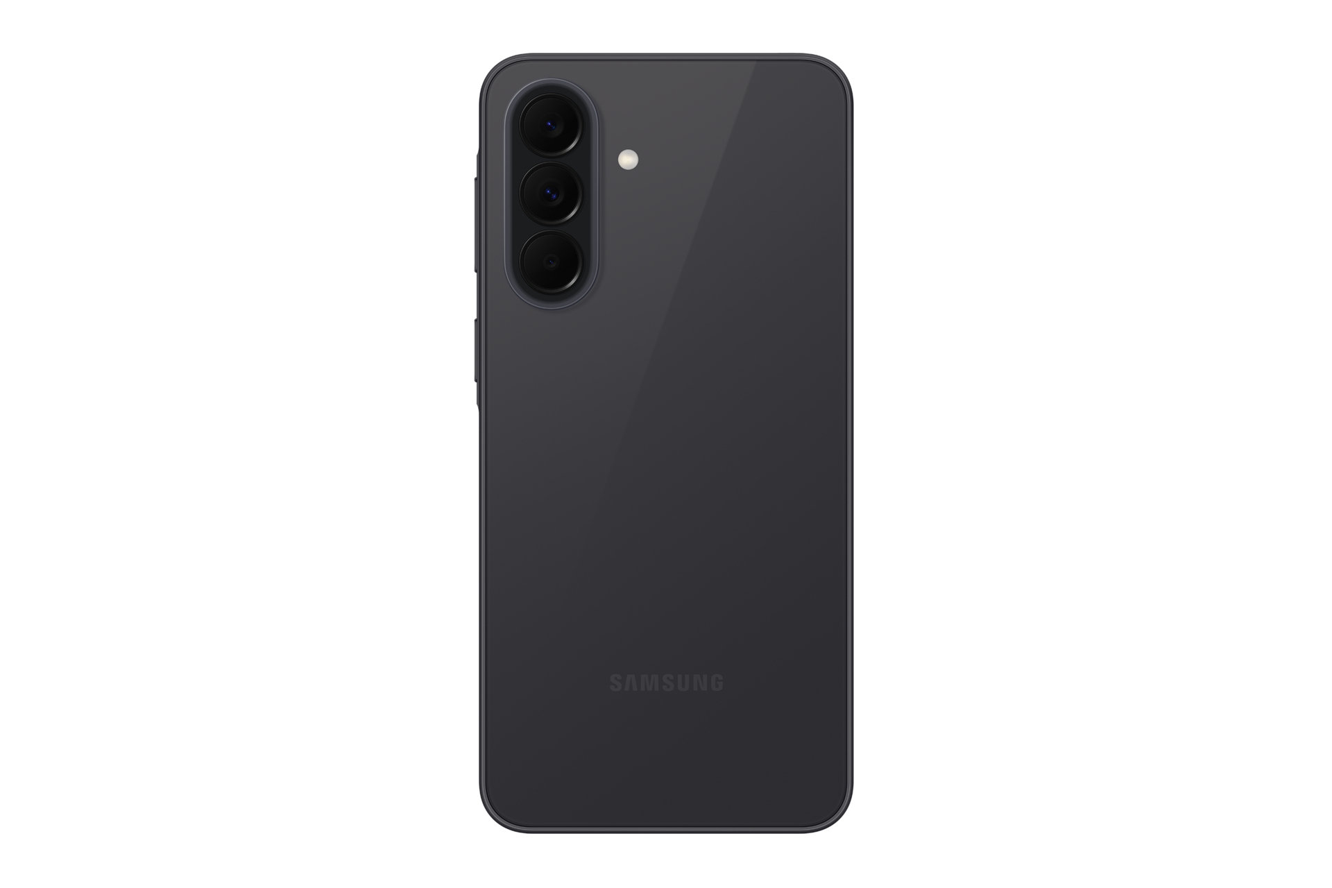 Achterkant van een donkere Samsung smartphone met drie cameralenzen en flitser.