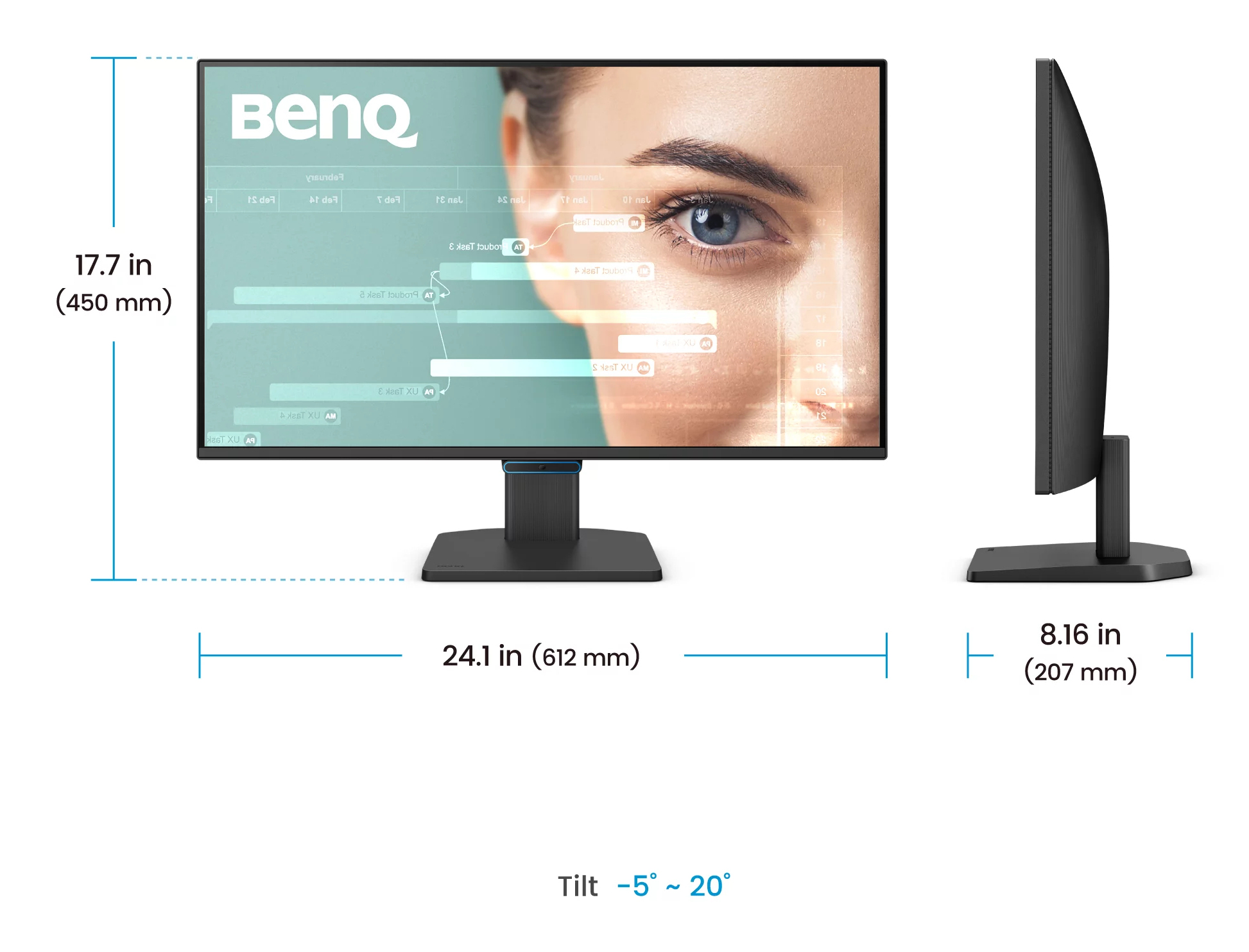 Ein BenQ Monitor mit einer Frau, Maßen und Neigungsgrad.