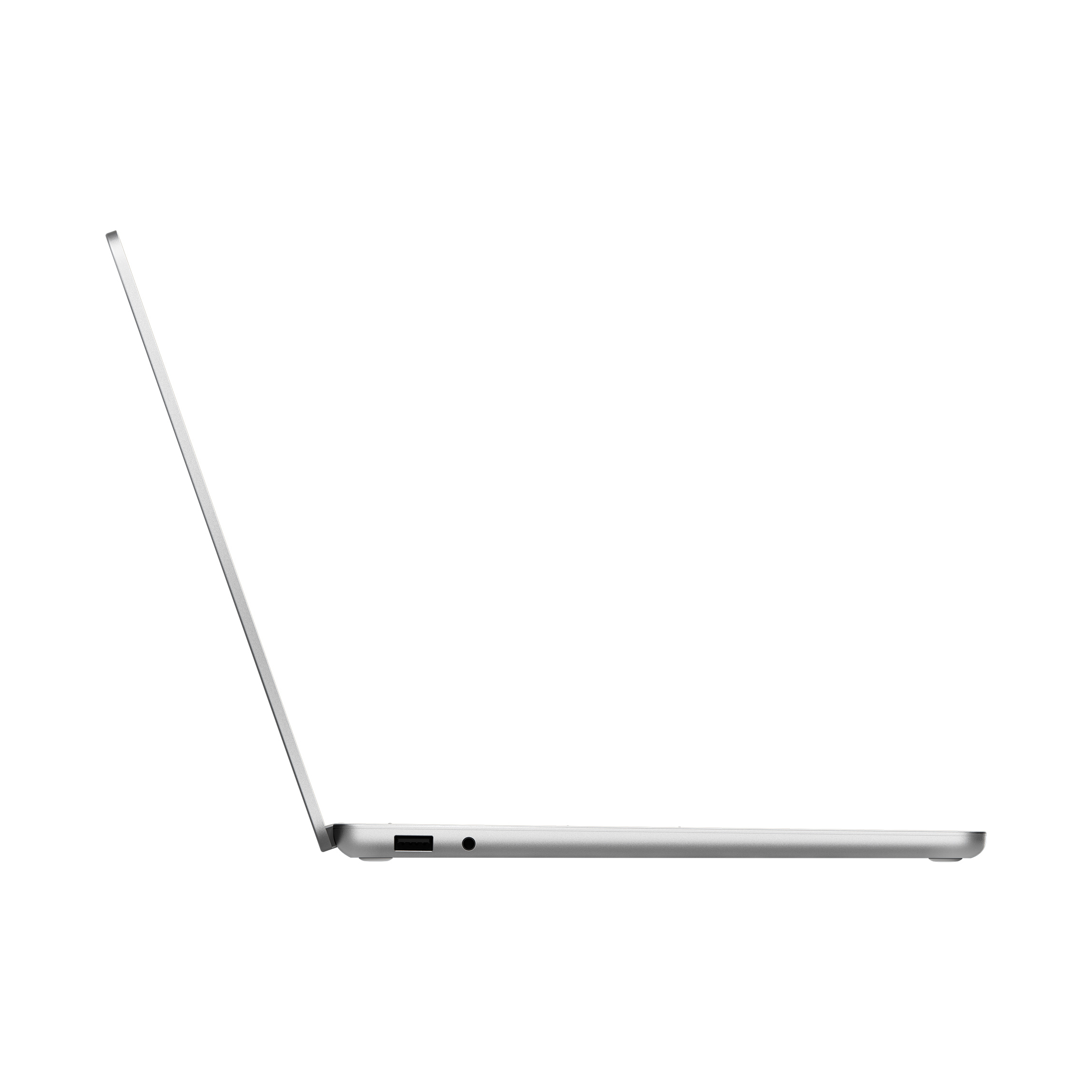 Ein silberner Laptop ist von der Seite zu sehen, der Deckel ist geöffnet.