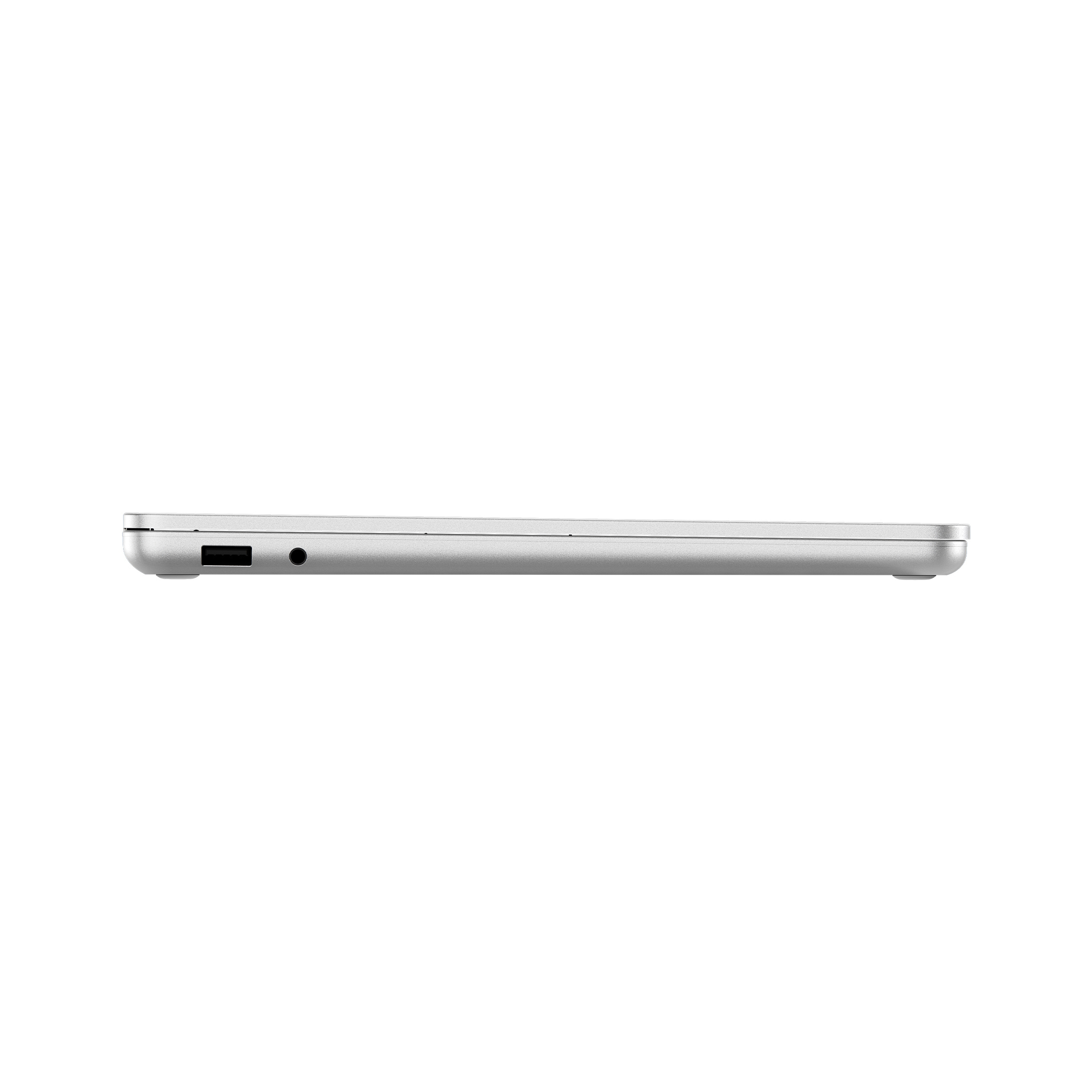 Silberner Laptop, Seitenansicht mit USB- und Kopfhöreranschluss.