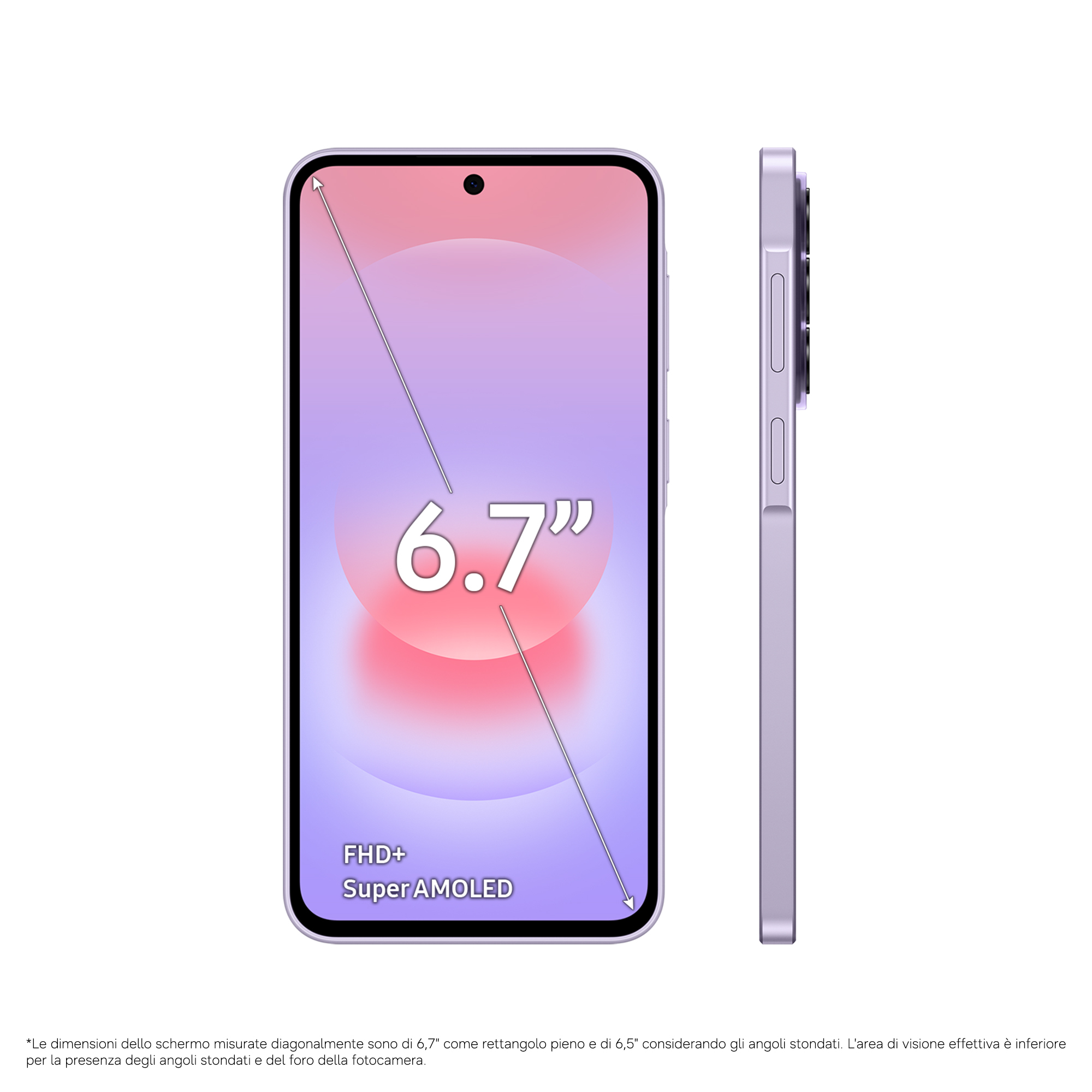 Lila Smartphone-Vorder- und Seitenansicht, 6,7" FHD+ Super AMOLED Display.