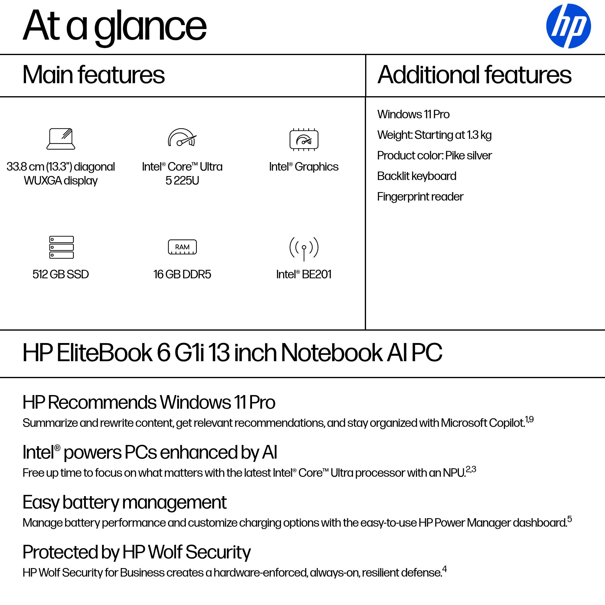Notebook HP EliteBook 6 G1i 13" con caratteristiche: display 33,8cm, Intel Core Ultra, SSD 512GB, RAM 16GB.