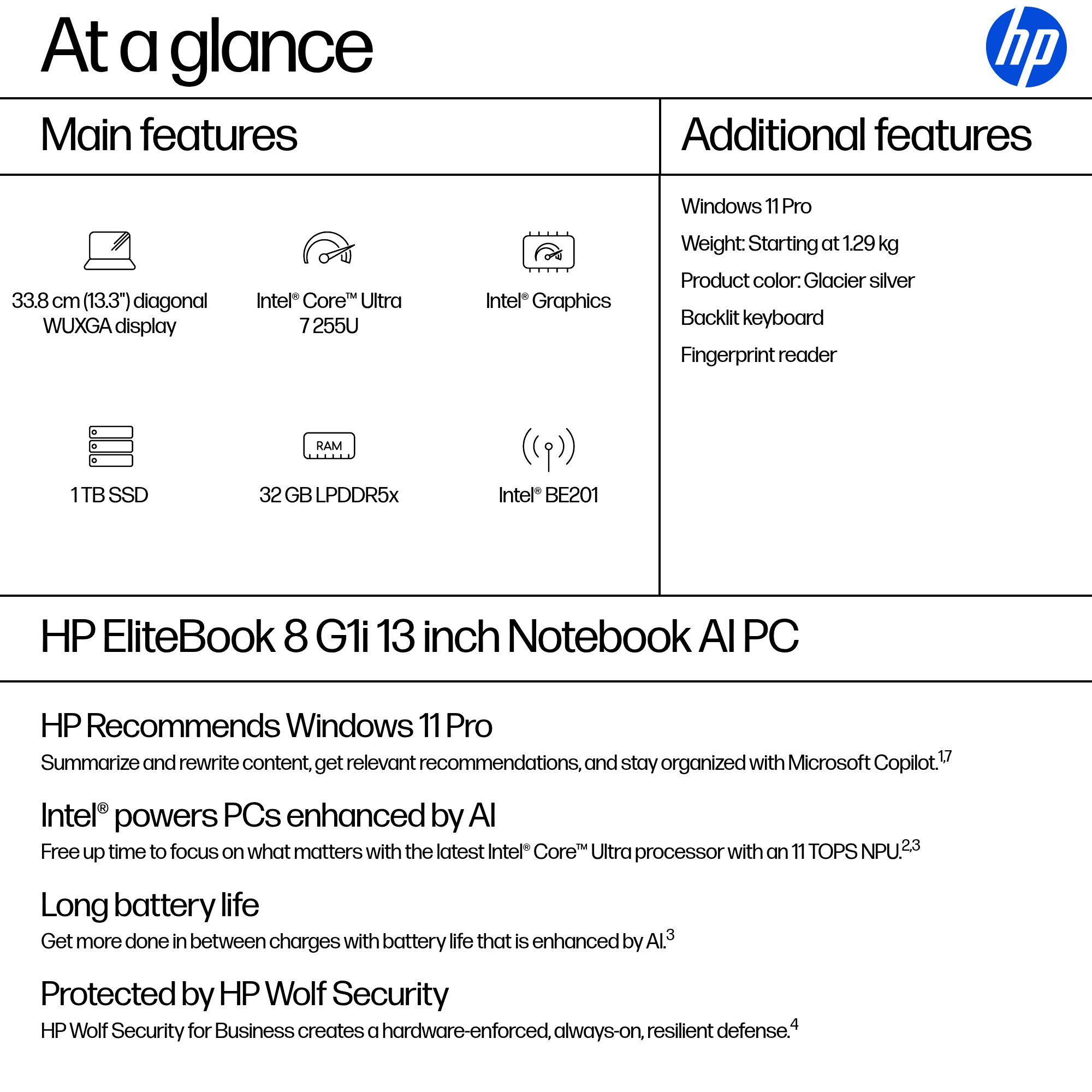 Notebook HP EliteBook 8 G1i 13 pollici: Display 33,8cm, Intel Core Ultra 7, SSD 1TB, RAM 32GB.