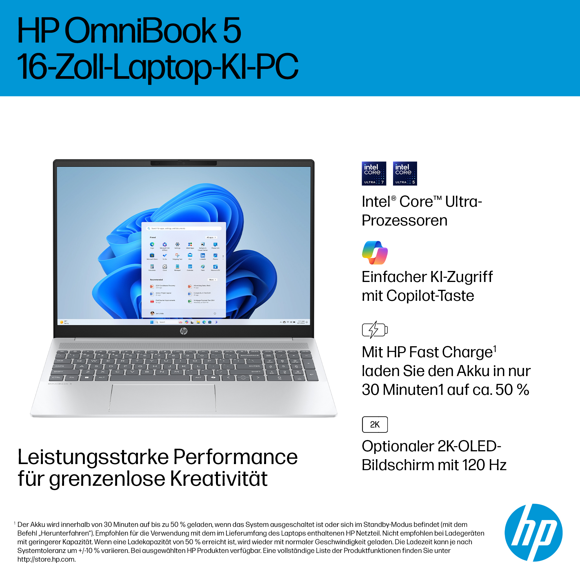 Laptop HP OmniBook 5 con processori Intel Core Ultra, tasto Copilot e ricarica rapida.