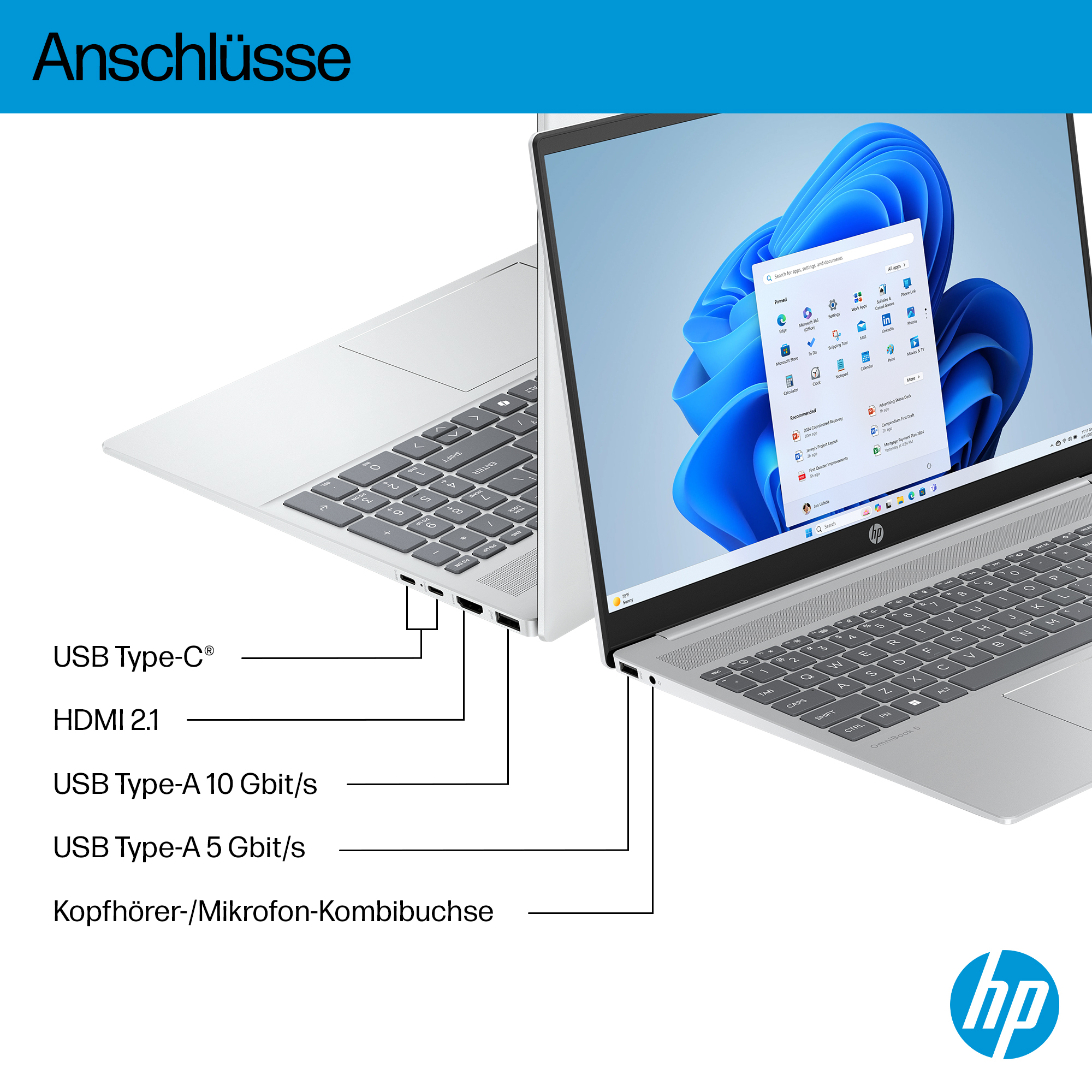 Un laptop HP argentato che mostra il menu Start di Windows 11 e le porte.
