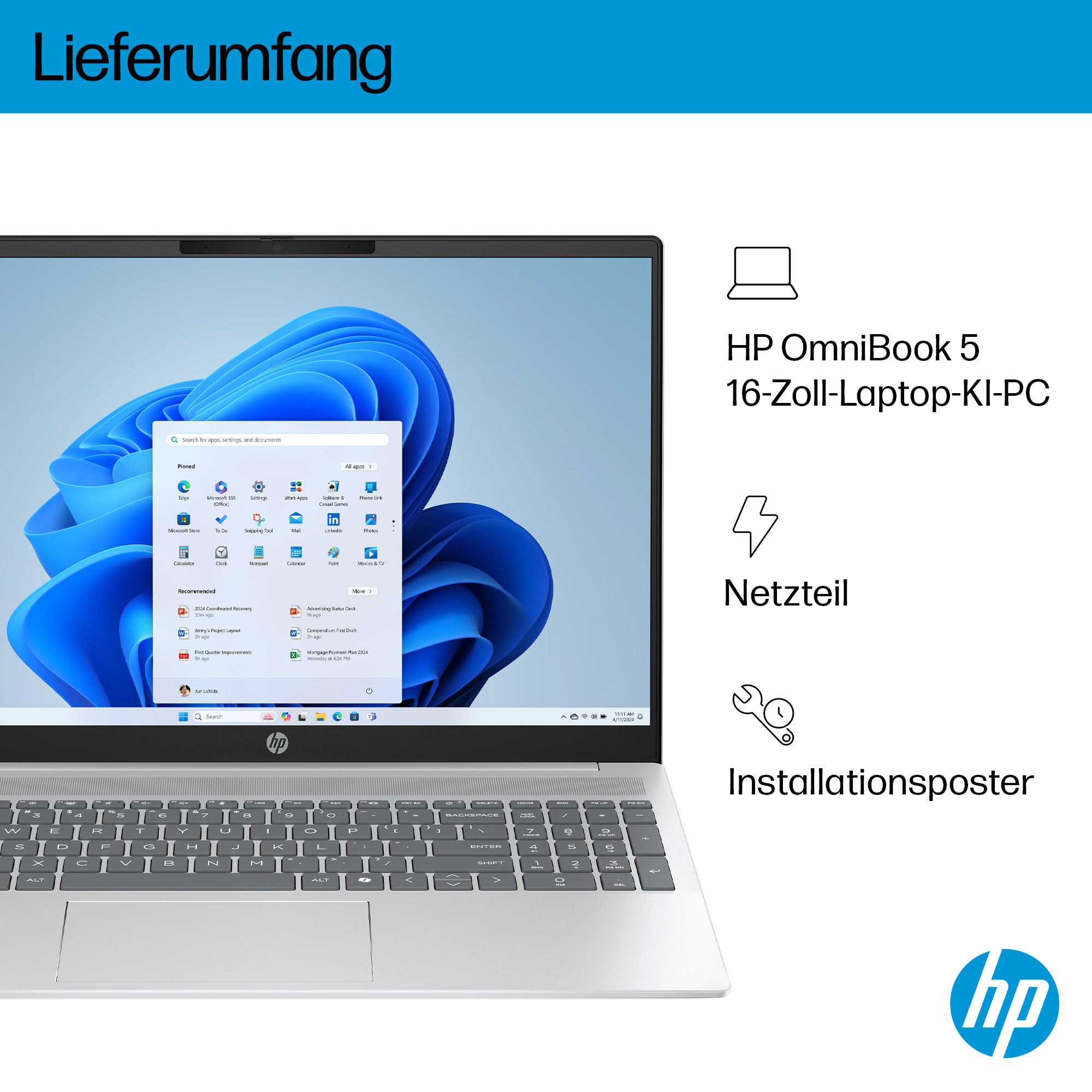 Contenuto della fornitura: Laptop HP OmniBook 5 con alimentatore e poster di installazione.
