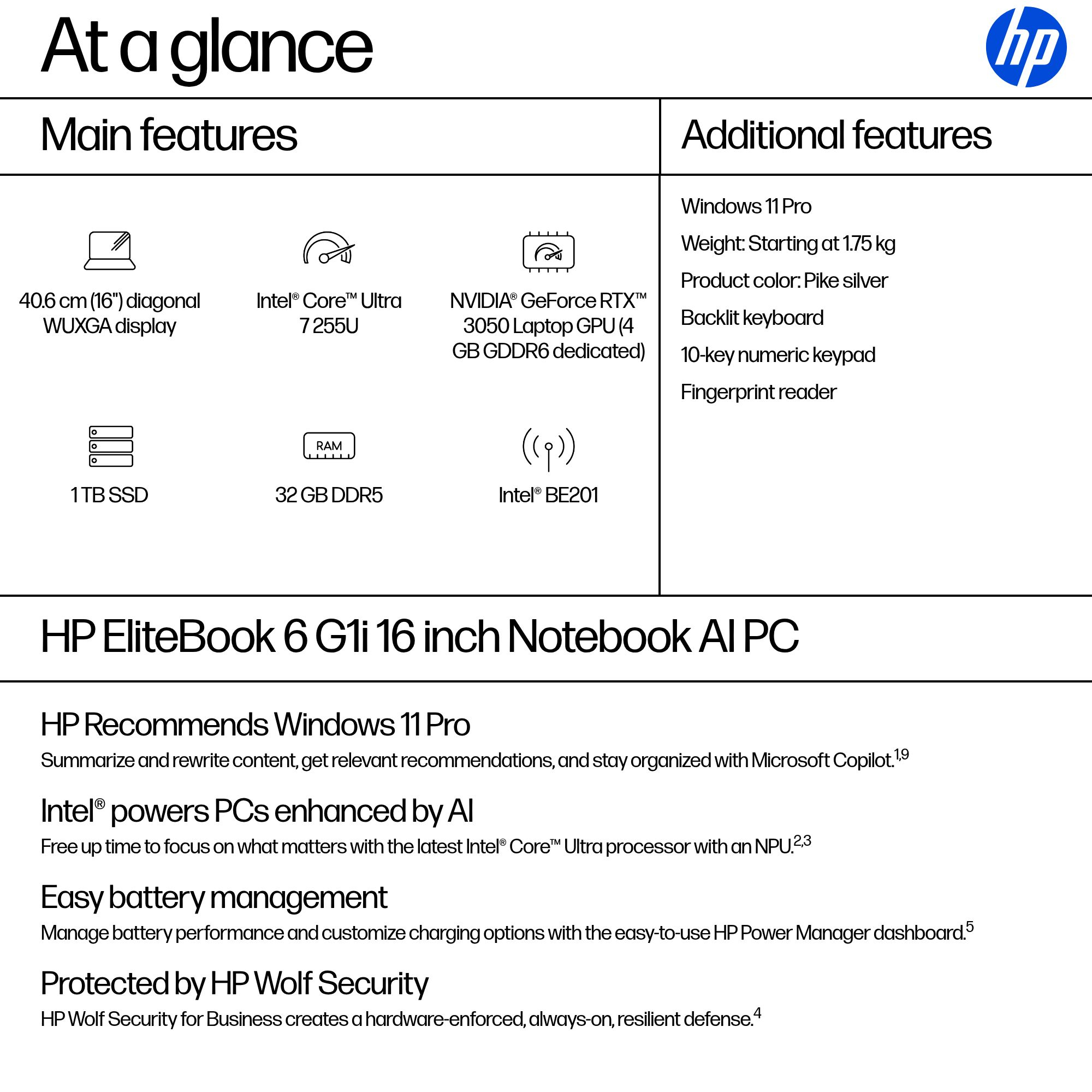 Specifiche del laptop: display da 16 pollici, Intel Core Ultra 7, GPU RTX 3050, SSD da 1TB, RAM da 32 GB.